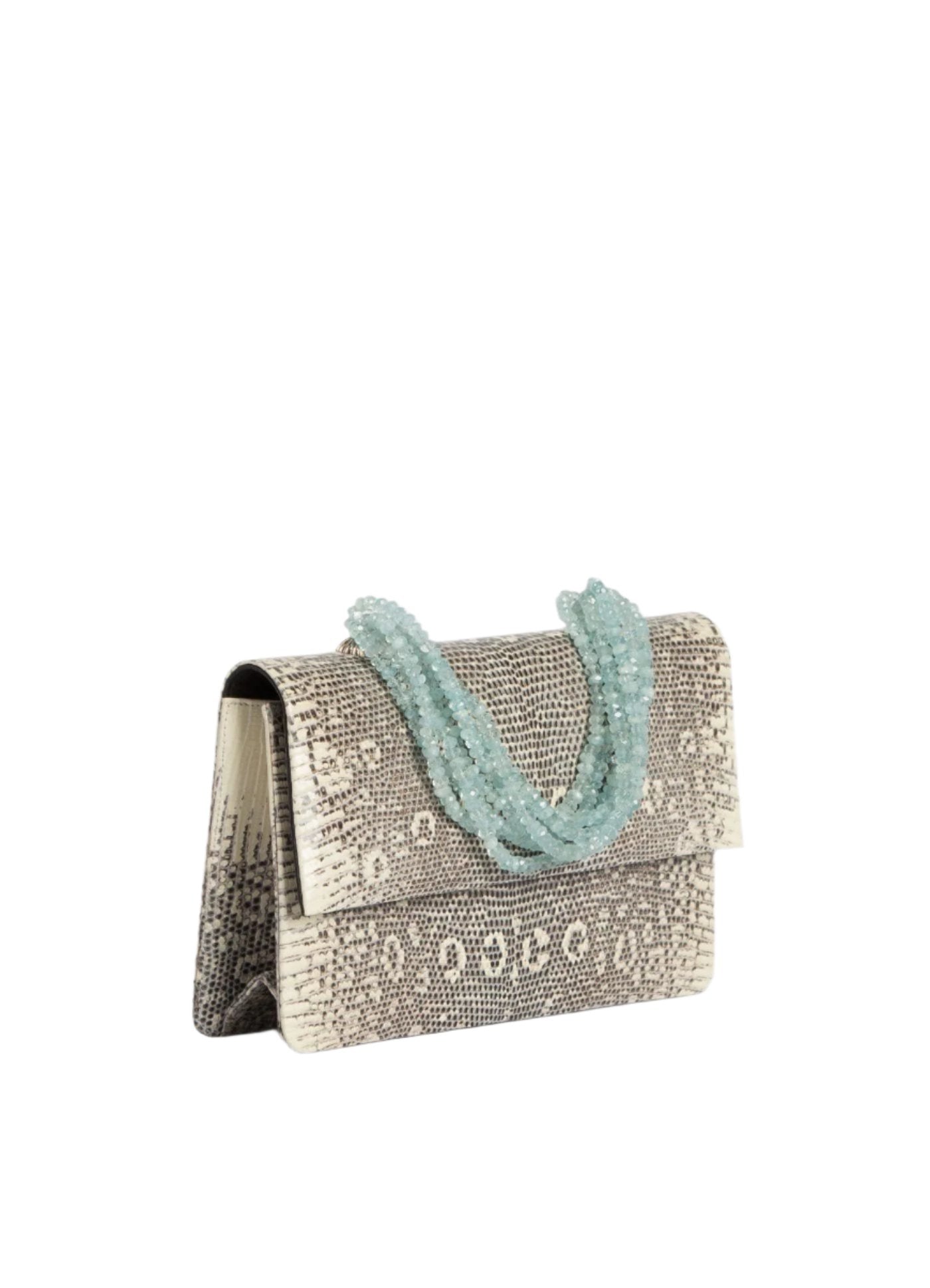 Angled view Black & White Ring Lizard and Aquamarine Necklace Handbag - Darby Scott