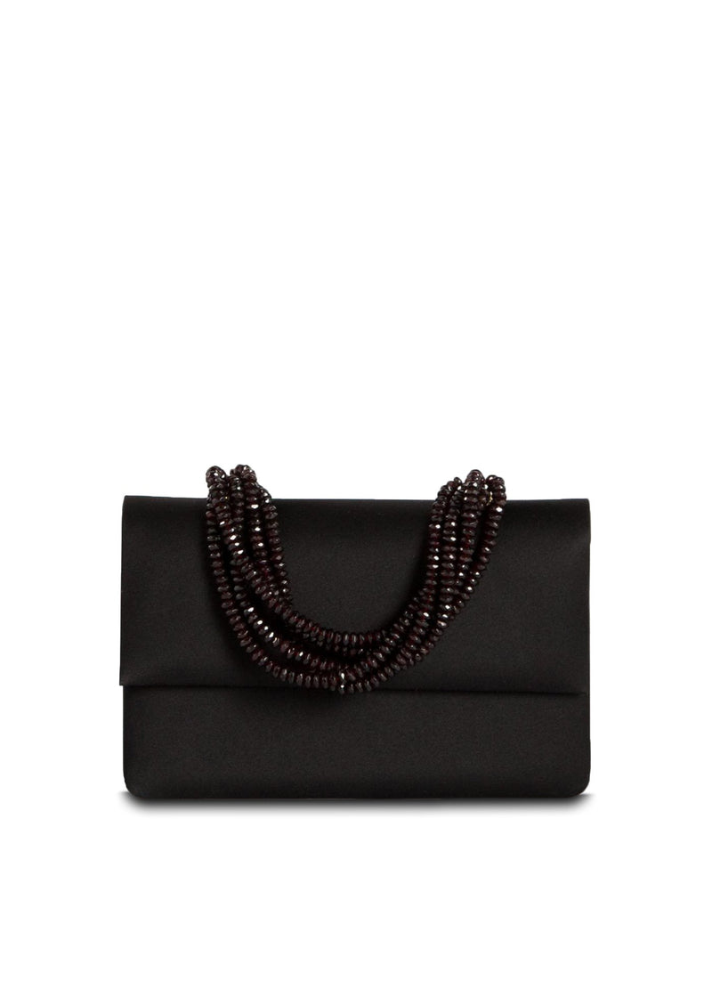 Black Peau de Soie Handbag with Garnet Multi-Strand Necklace Handle - Darby Scott