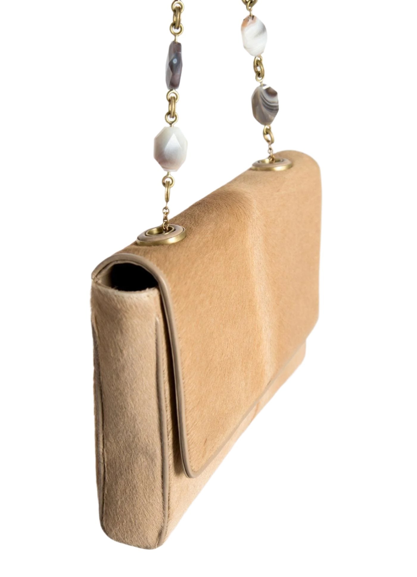 Tan Shoulder Bag with linked agate bead handle, side view - Darby Scott