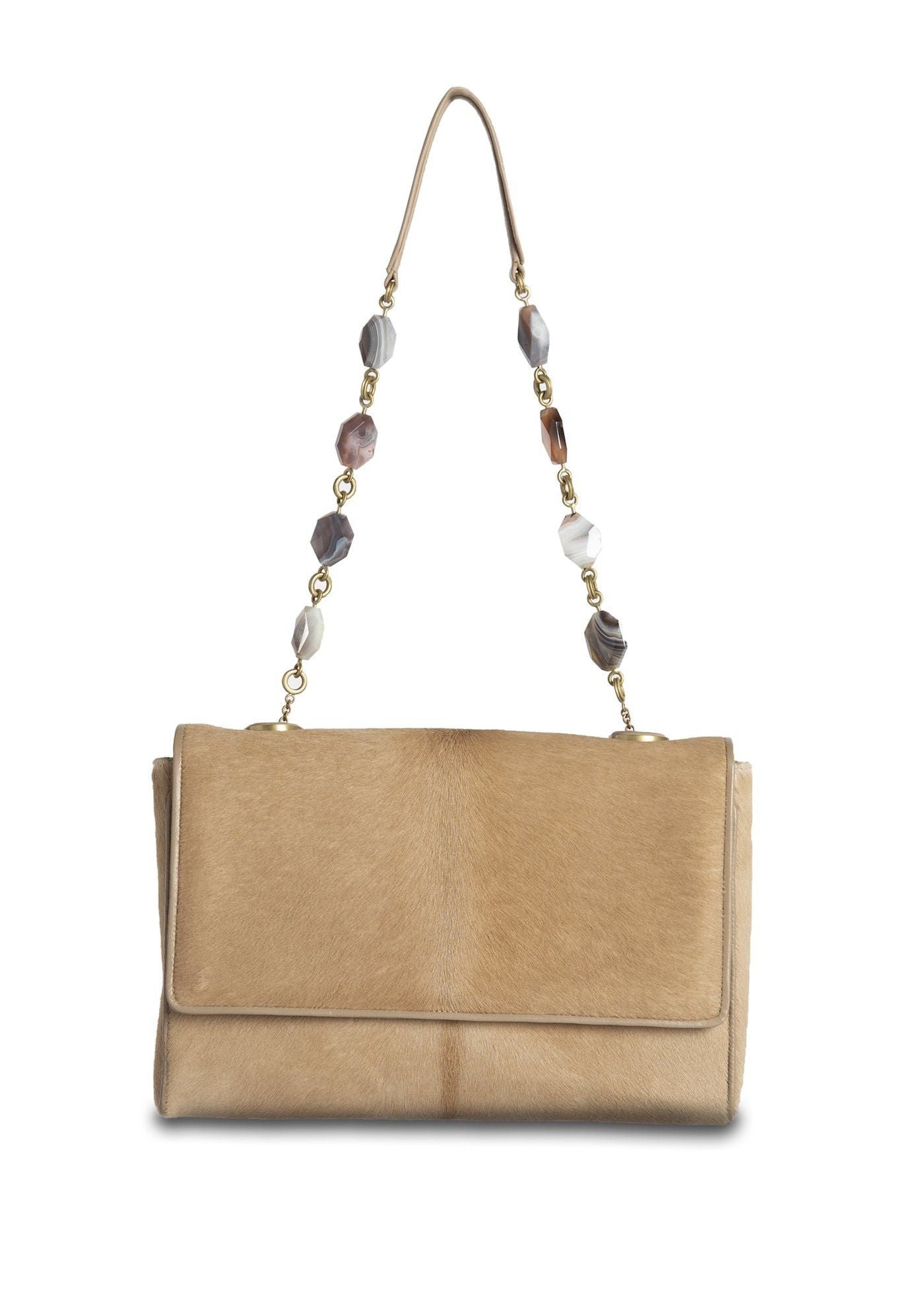 Tan Haircalf Chain & Jewel Shoulder Bag, front view - Darby Scott