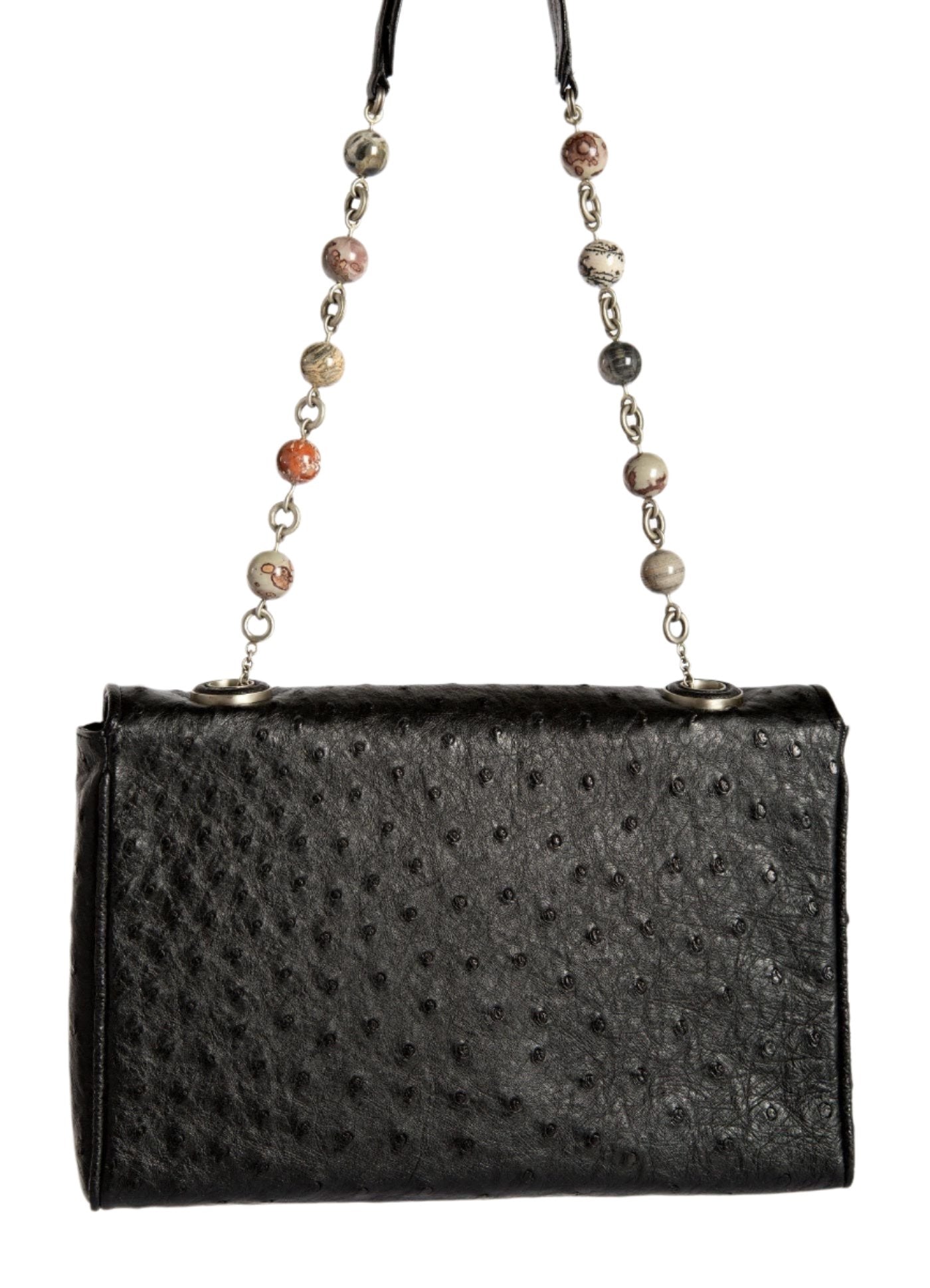 Black Shoulder Bag with linked jasper bead handle, back view - Darby Scott