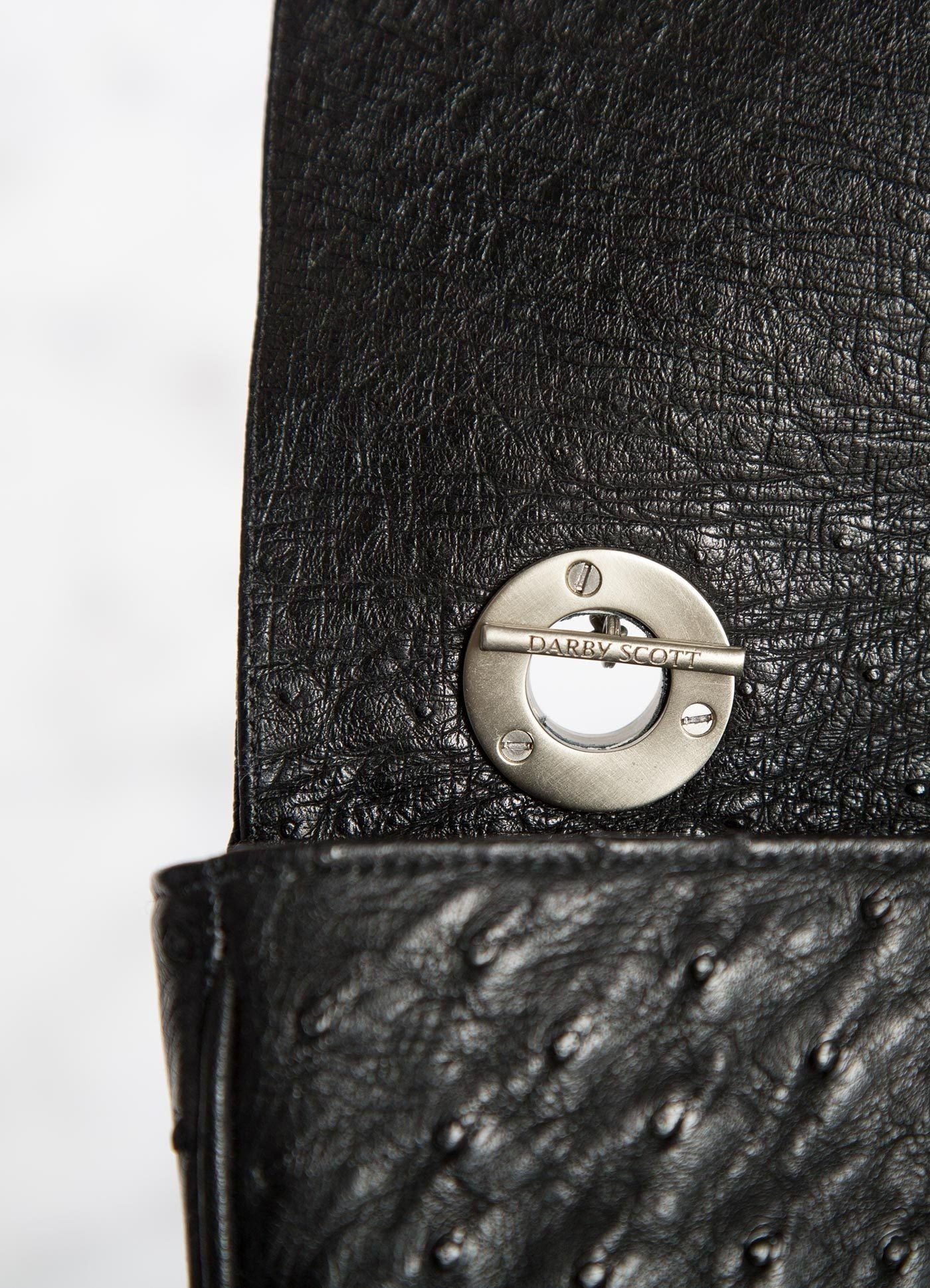 Interior view of handle toggle on Black Ostrich Shoulder Bag - Darby Scott