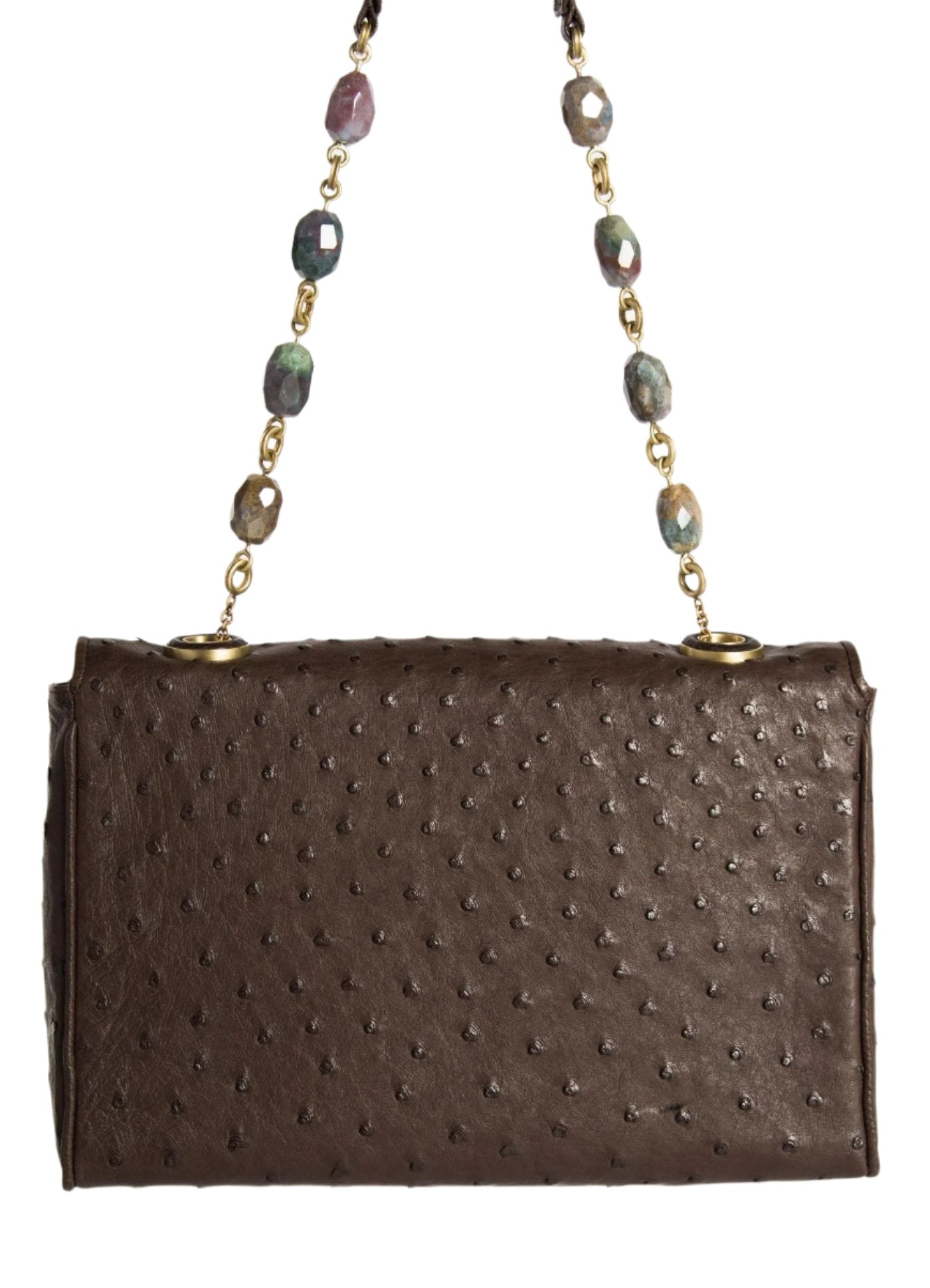 Brown Ostrich Shoulder Bag with Linked Jasper Bead Handle, Back View - Darby Scott