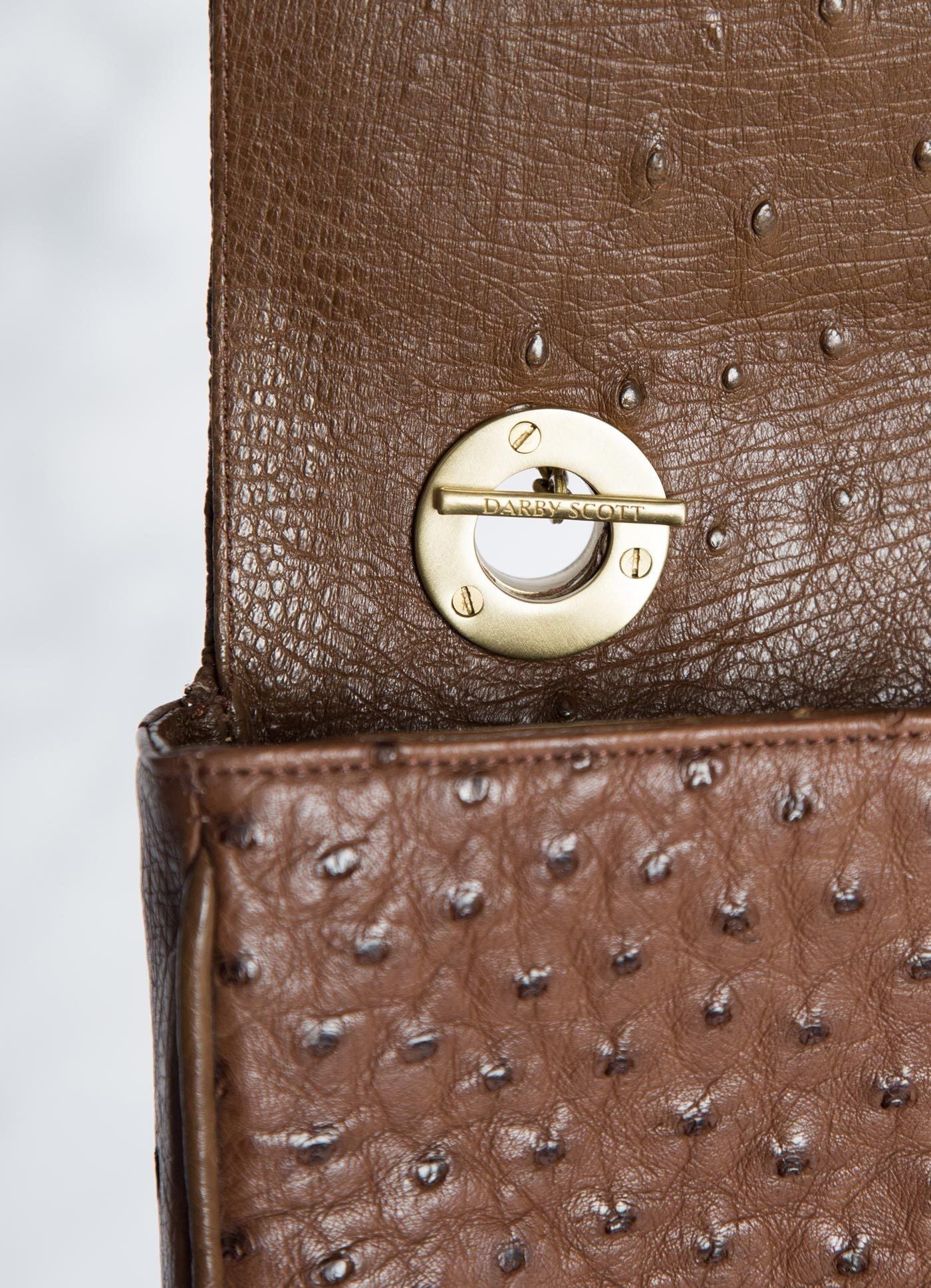 Interior view of handle toggle on Brown Ostrich Shoulder Bag - Darby Scott