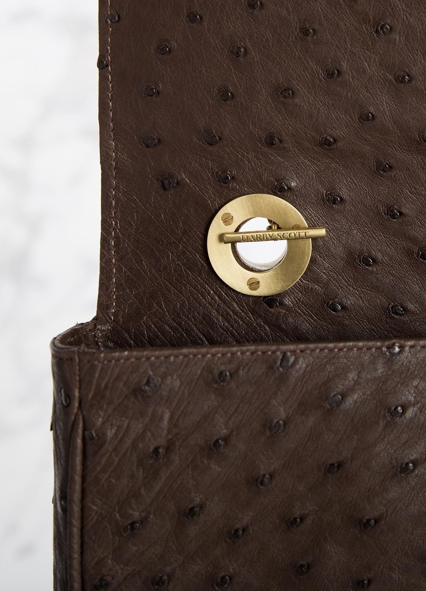 Interior view of handle toggle on brown ostrich Chain & Jewel Shoulder Bag - Darby Scott