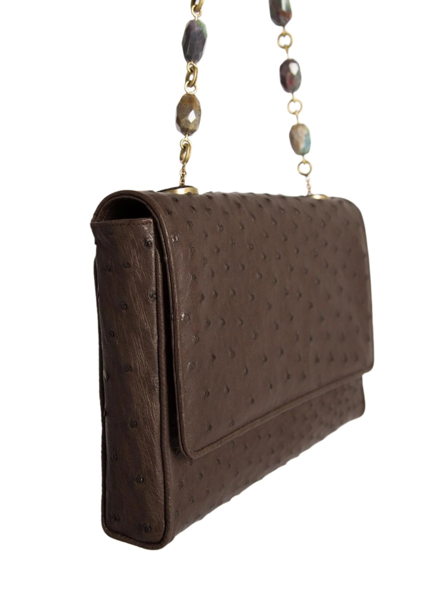 Brown Ostrich Chain & Jewel Shoulder Bag, Side View - Darby Scott