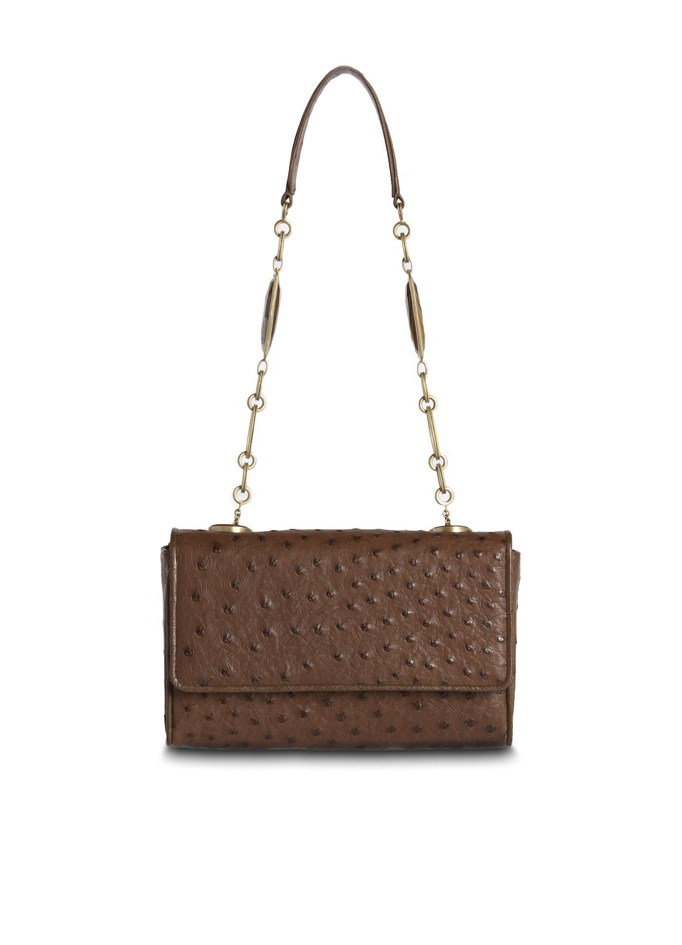 Brown Ostrich Chain & Jewel Mini Shoulder Bag - Darby Scott