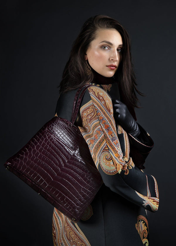Model with Bordeaux Niloticus Crocodile Crawford Tote - Darby Scott