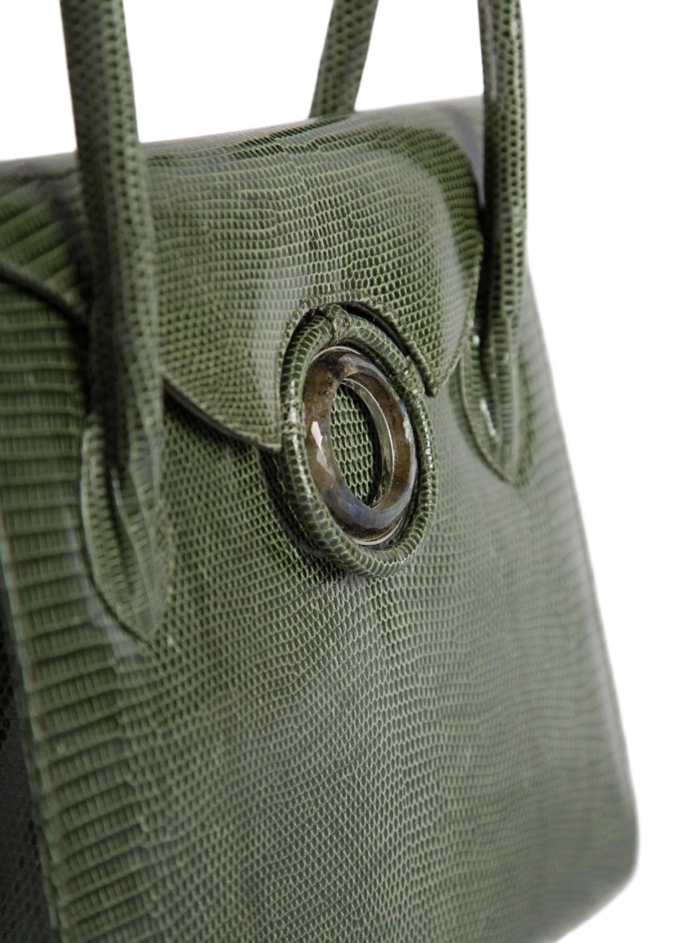 Detail of Labradorite Grommet on Green Lizard 'O' Tote - Darby Scott