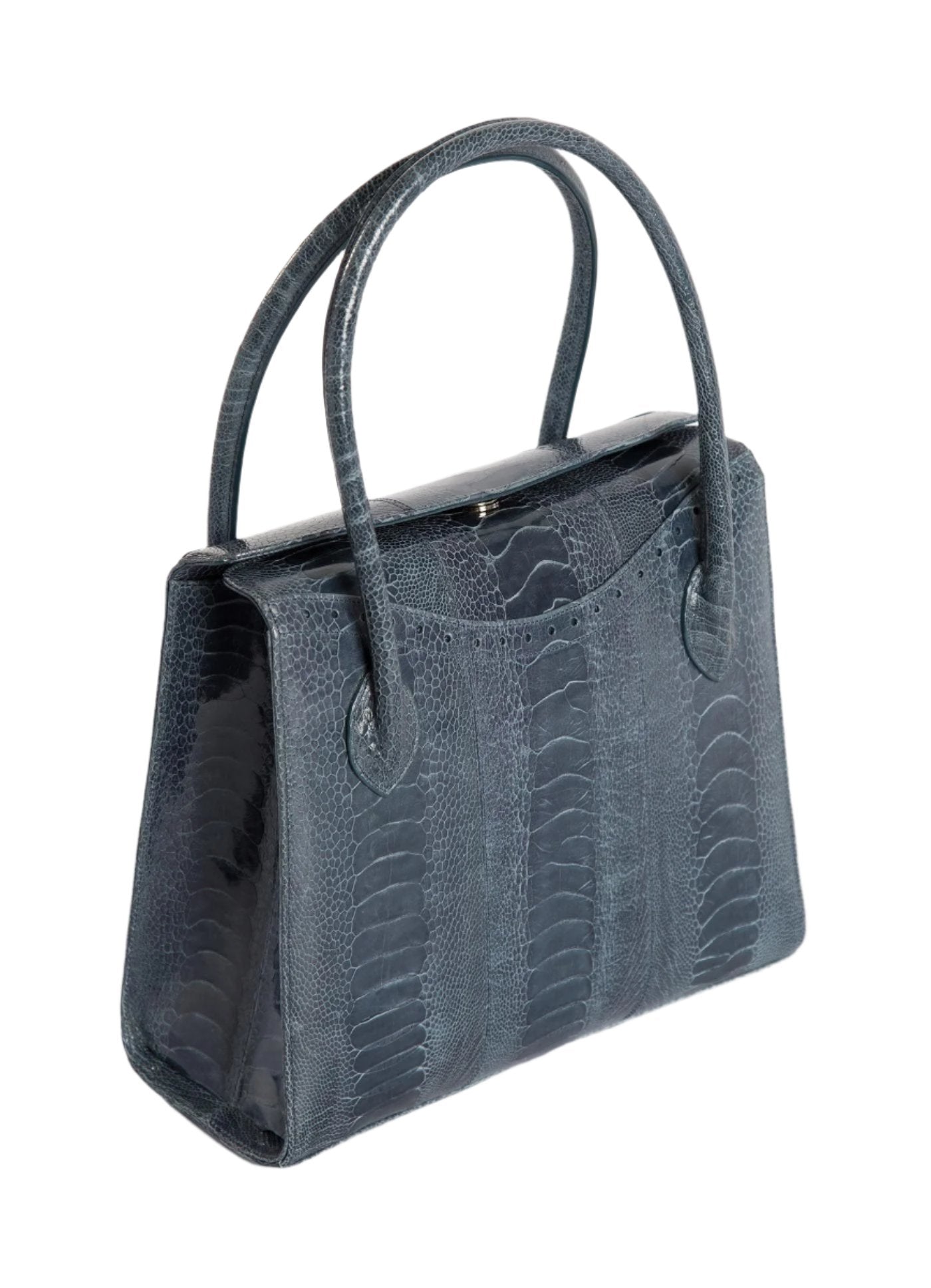 Back of Thompson Tote in Denim Ostrich Leg - Darby Scott