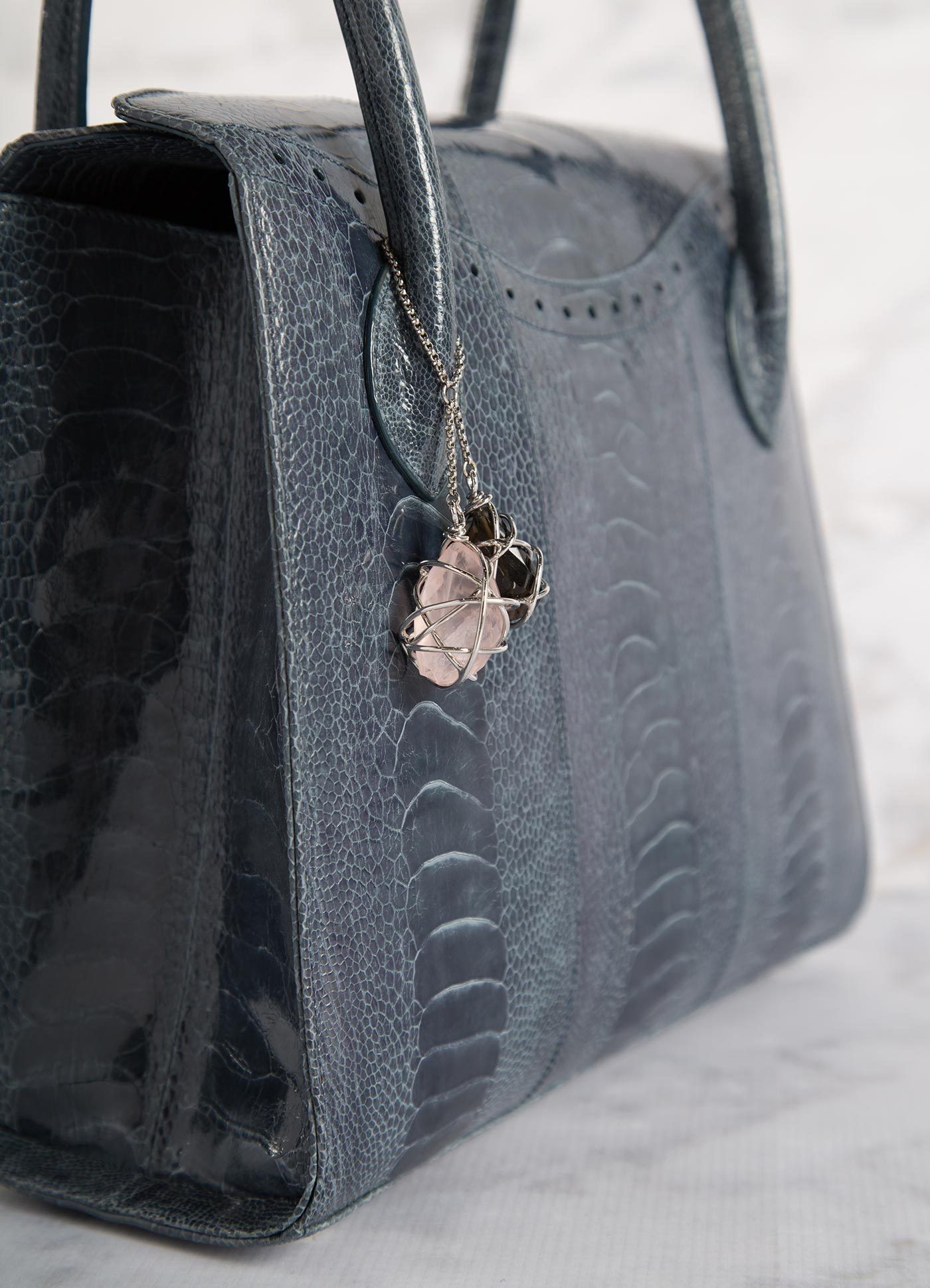 Detail of Pink Quartz & Smokey Topaz Fob on Thompson Tote- Darby Scott