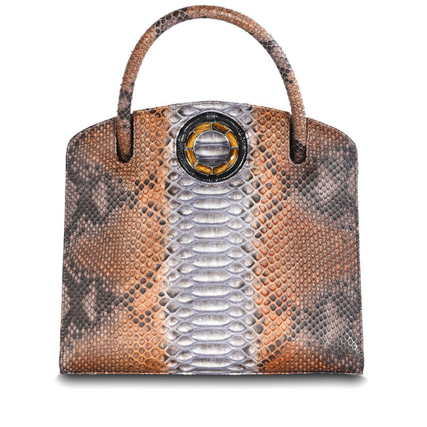 Brown Multi-Color Python Jeweled Handbag, Annette Top Handle Tote with Tiger Eye Gemstones - Darby Scott