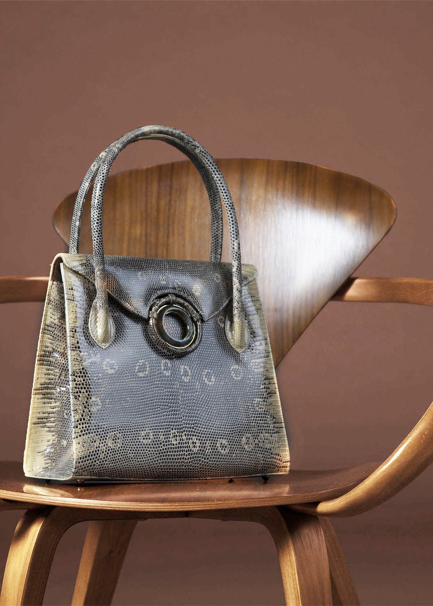 Thompson "O" Tote in Cafe Ring Lizard with Labradorite Grommet - Darby Scott