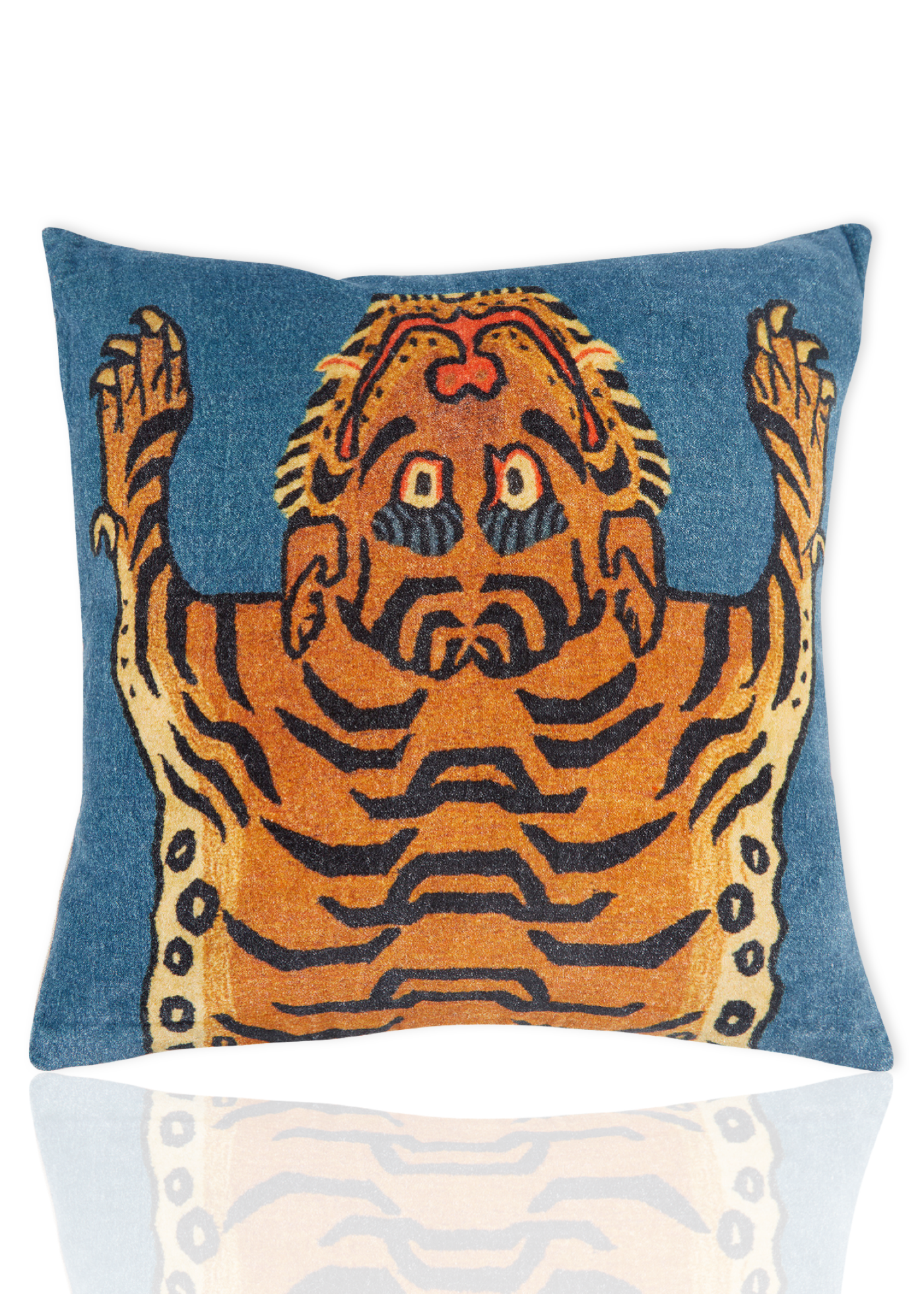 Velvet Pillow with Tibetan Tiger on Blue Background