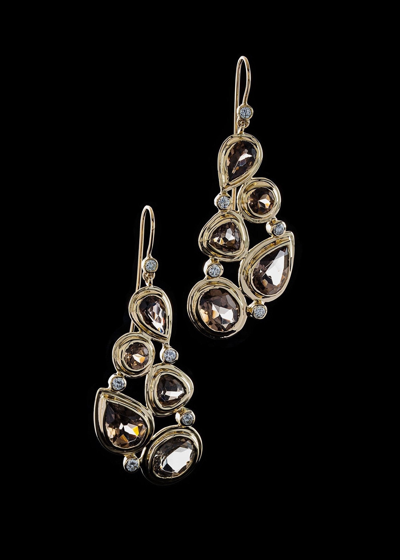 Smokey topaz & Diamond 5 stone mosaic earrings in 18K yellow gold - Darby Scott