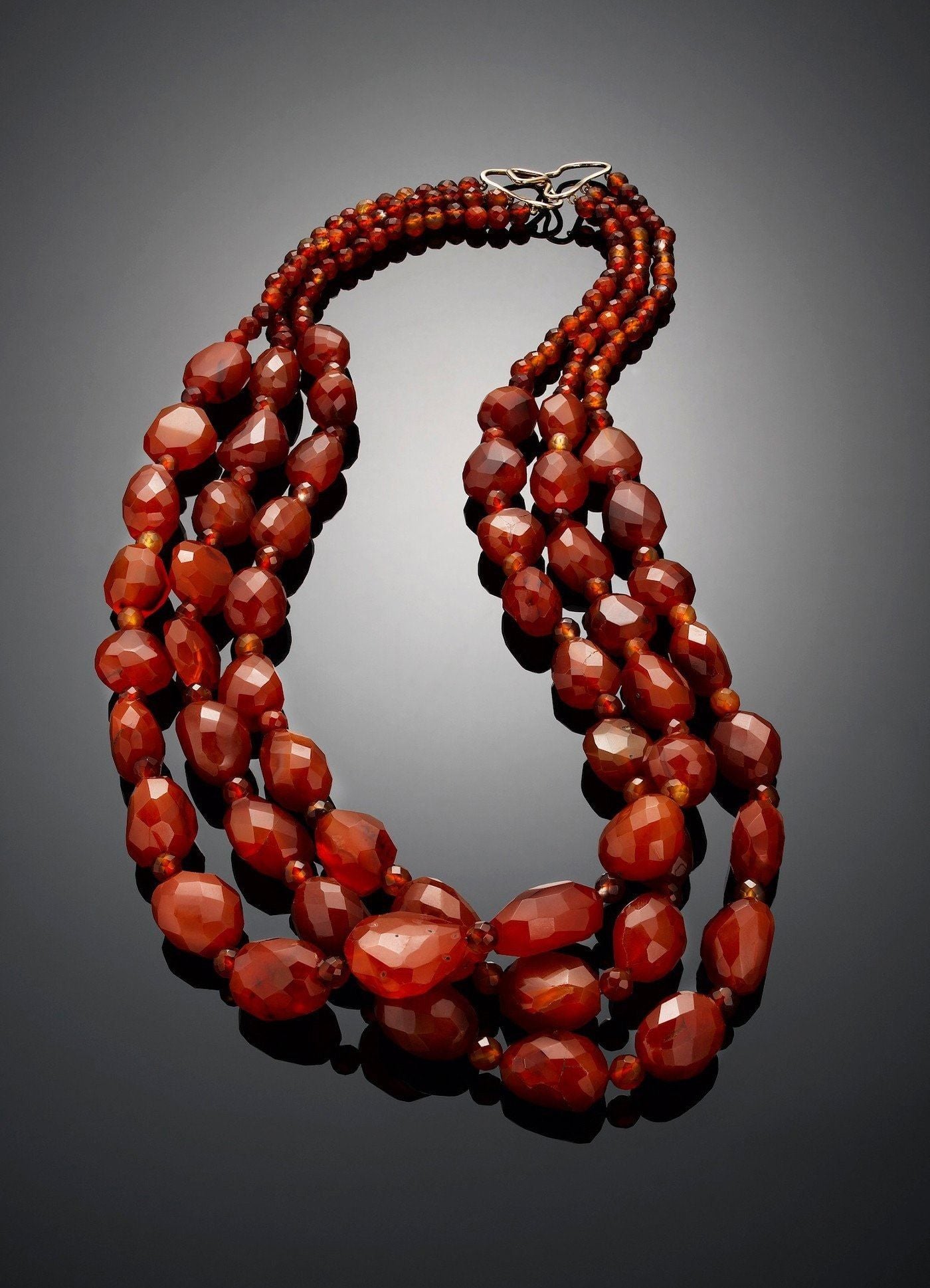Carnelian Necklace, 3 strands, 18K gold clasp, laying flat - Darby Scott
