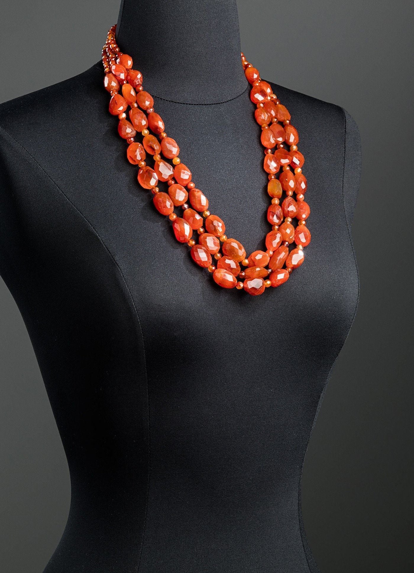 3 strand Carnelian Necklace shown on mannequin form - Darby Scott