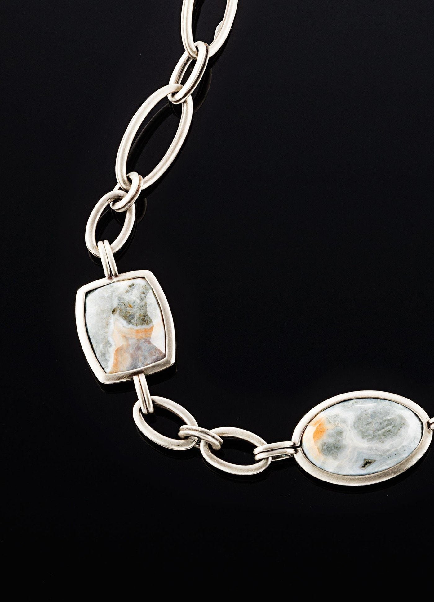 Close Up view of Ocean Jasper & White Brass Chain Links - Darby Scott