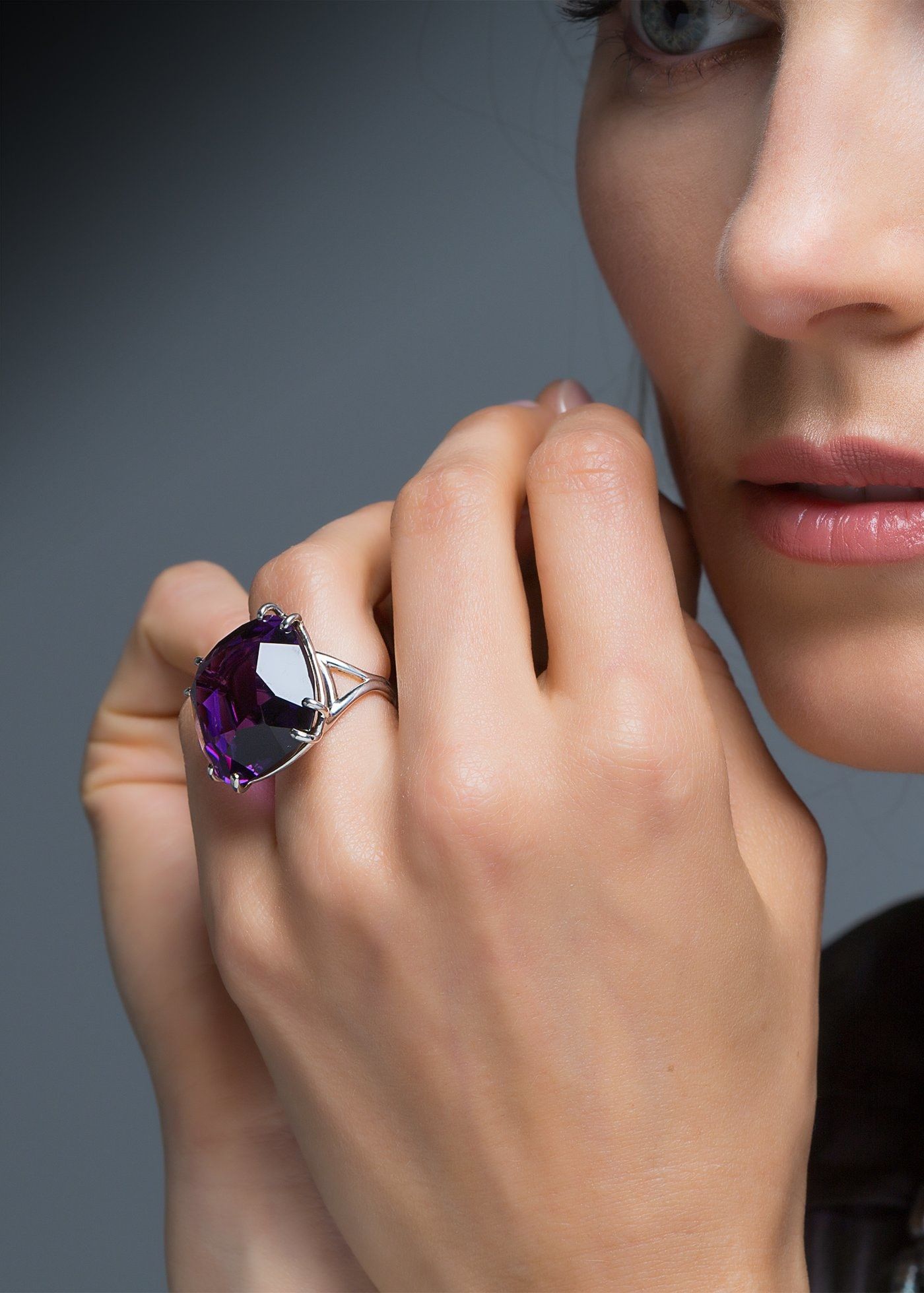 Close up Model with Amethyst 34 Carat Sterling Cocktail Ring - Darby Scott
