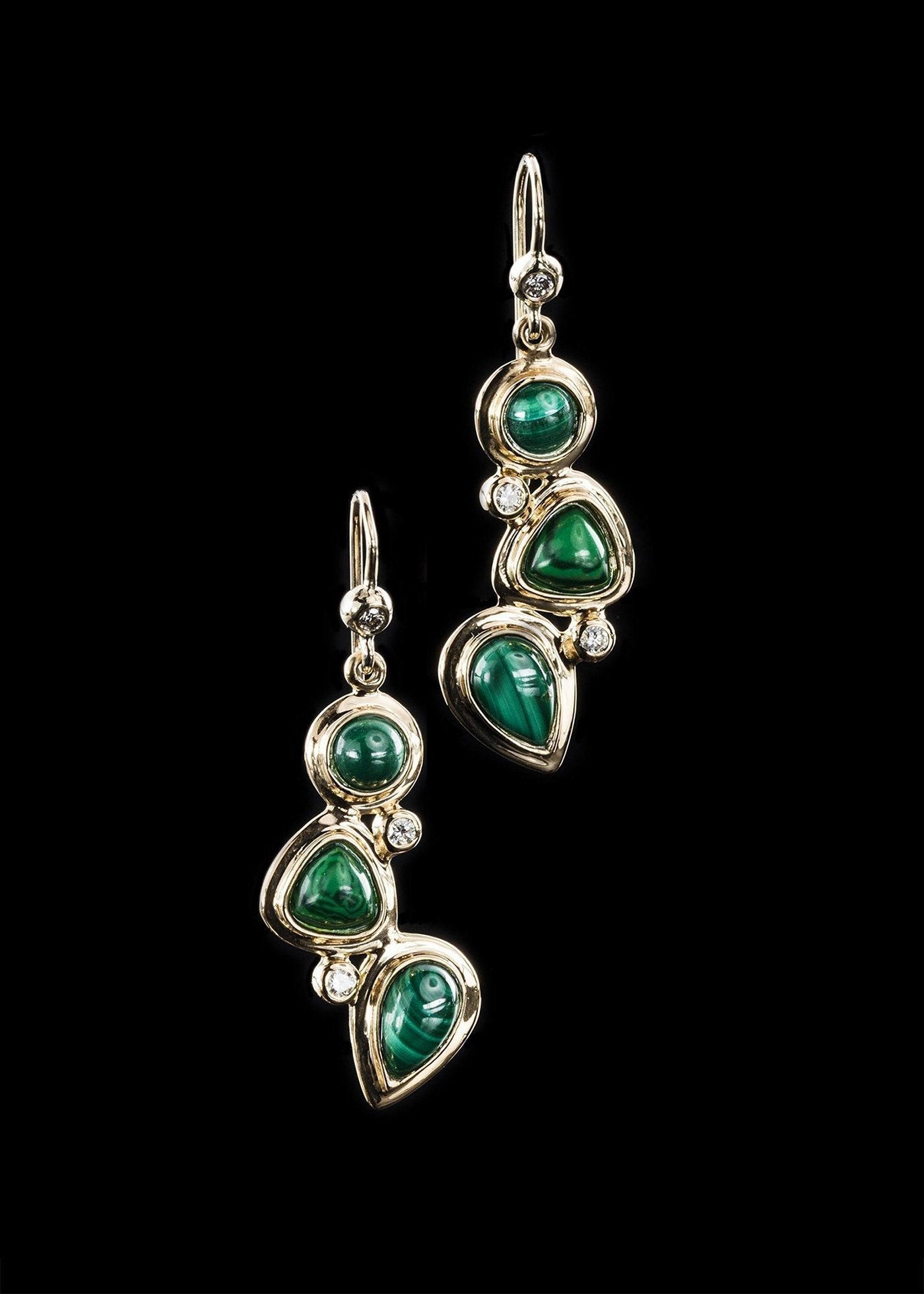 Malachite diamond 18K gold earring mosaic 3 stone - Darby Scott