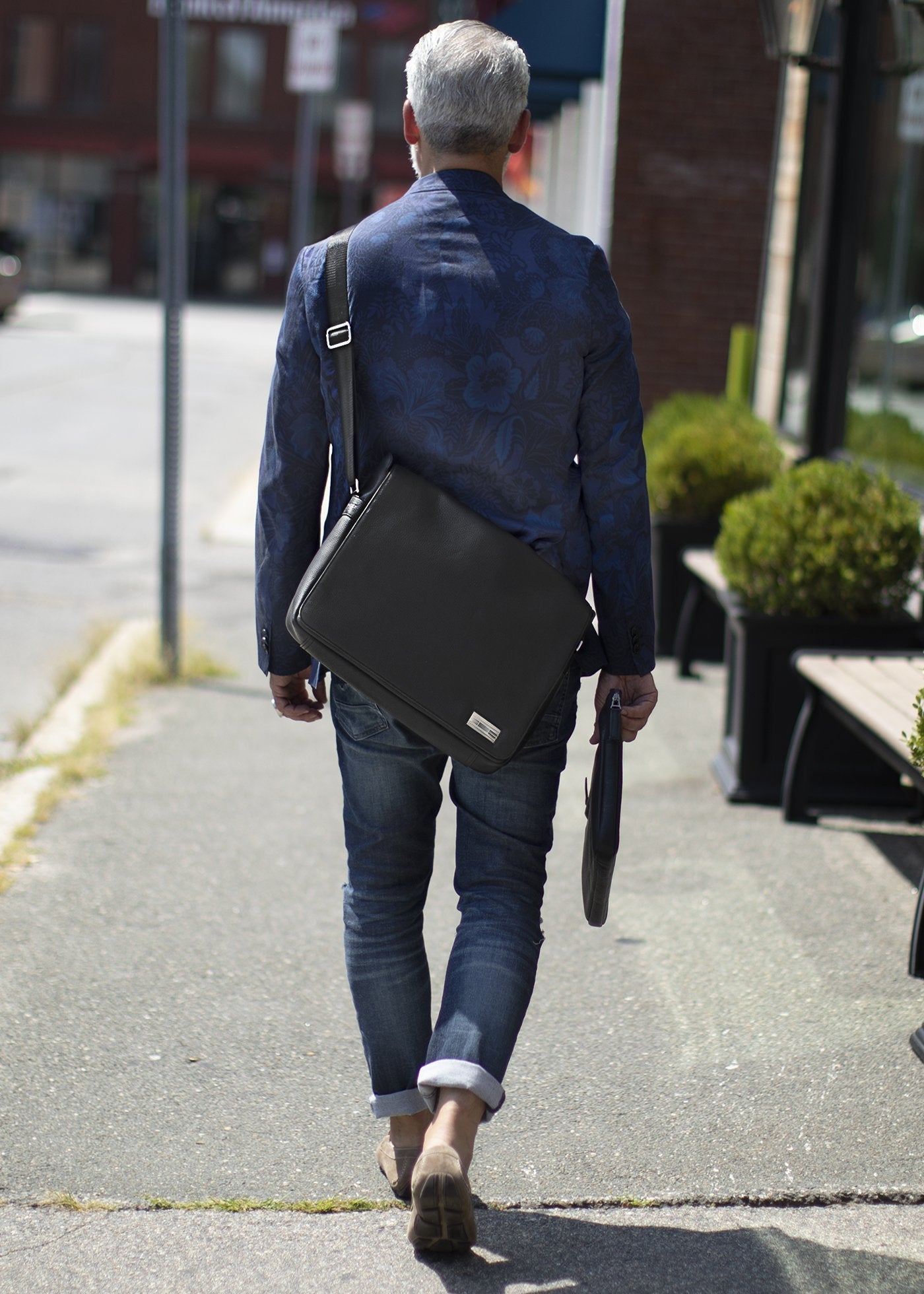 Black Leather Messanger Bag with Sterling Monogram Plate - Darby Scott