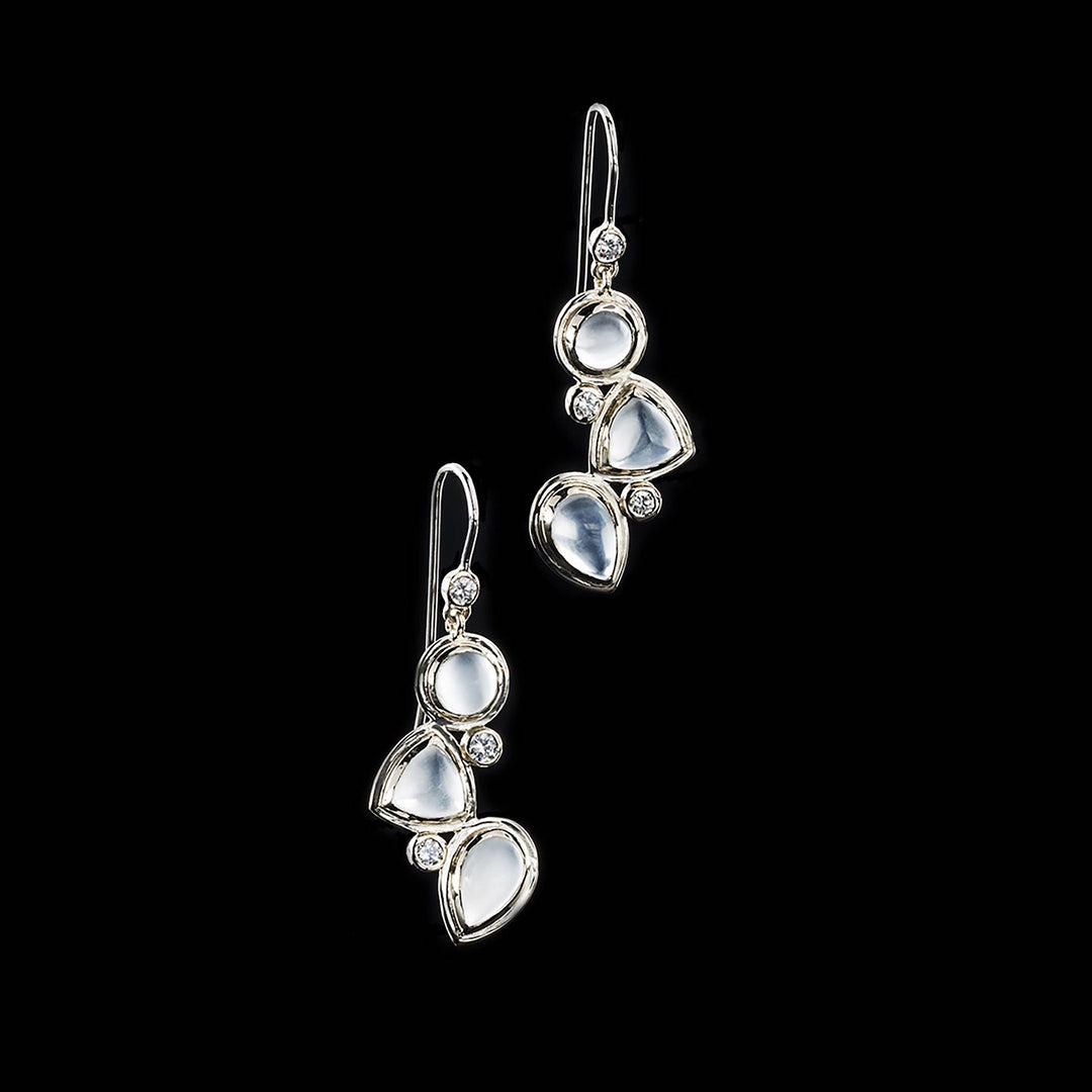 Rainbow Moonstone & Diamond Drop Earrings in Sterling Silver - Darby Scott