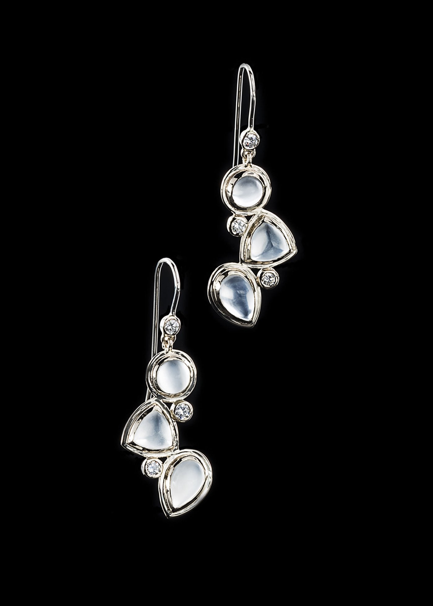 Moonstone diamond 18K white gold earring mosaic 3 stone - Darby Scott