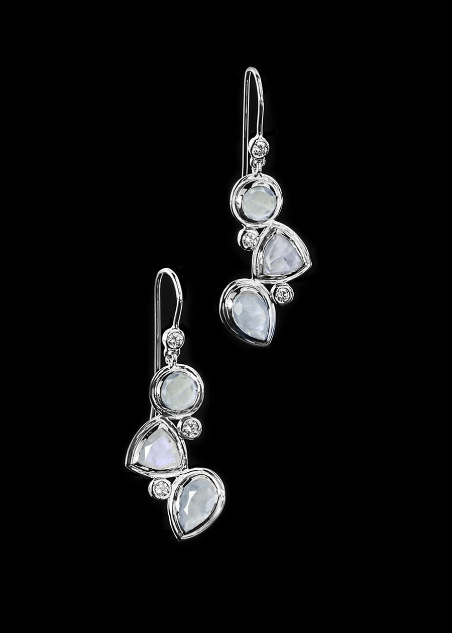 Rainbow Moonstone & Diamond Drop Earrings in Sterling Silver - Darby Scott