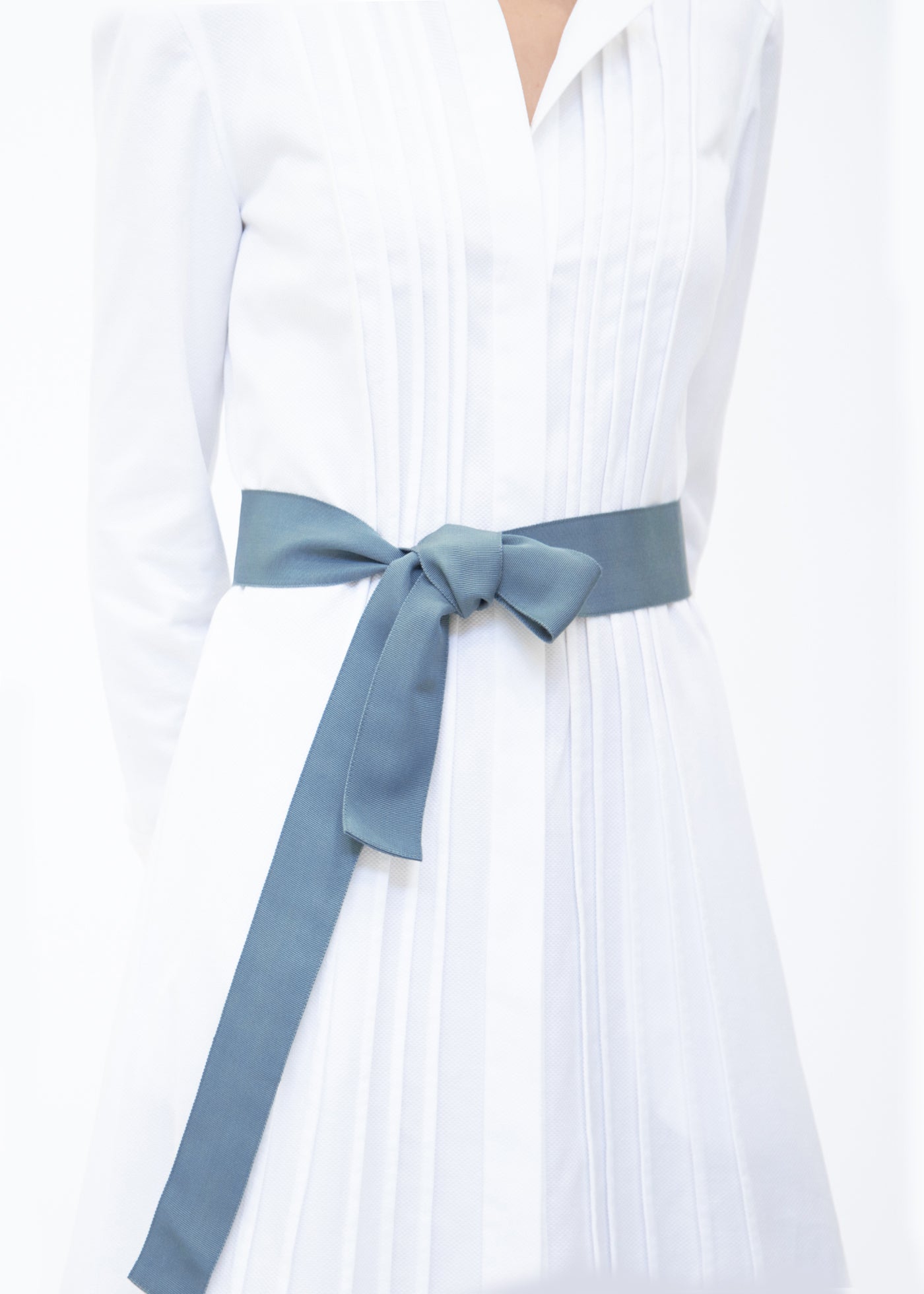 Light Blue Wide Silk Grosgrain Ribbon Belt on Model- Darby Scott