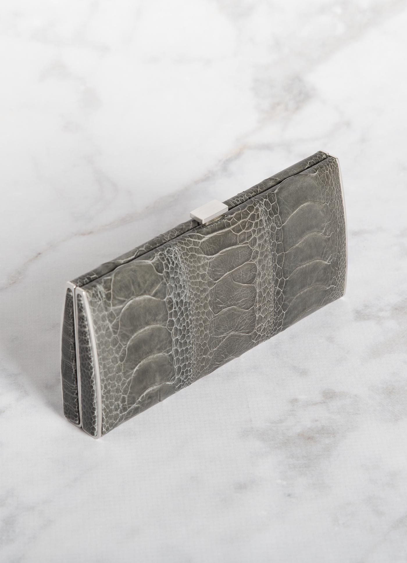 Grey Ostrich Leg Box Wallet, Top View - Darby Scott