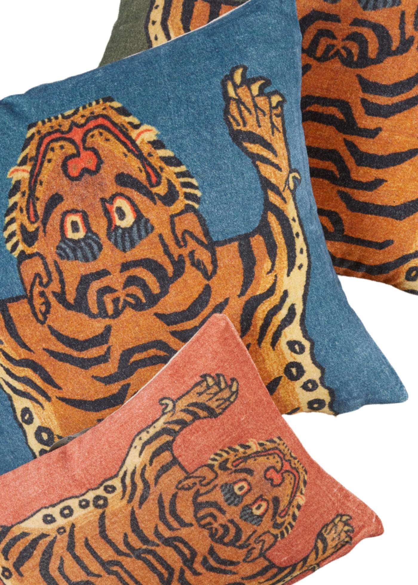 Trio of Velvet Pillows with Tigers printed on them.