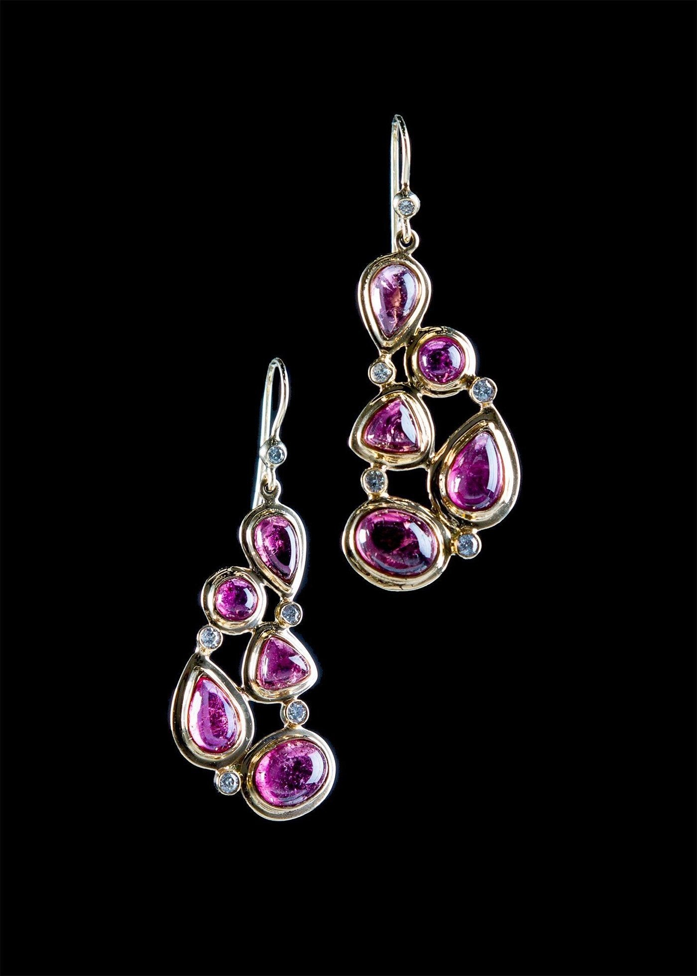 Pink tourmaline diamond 18K gold earring mosaic 5 stone - Darby Scott
