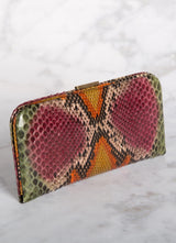 Angled view of Cranberry & Green Colored Slide Lock Wallet - Darby Scott