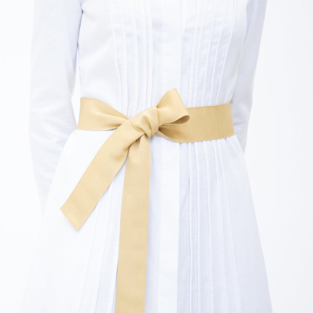 Wide Grosgrain Ribbon Belt in Saffron Yellow on Model - Darby Scott