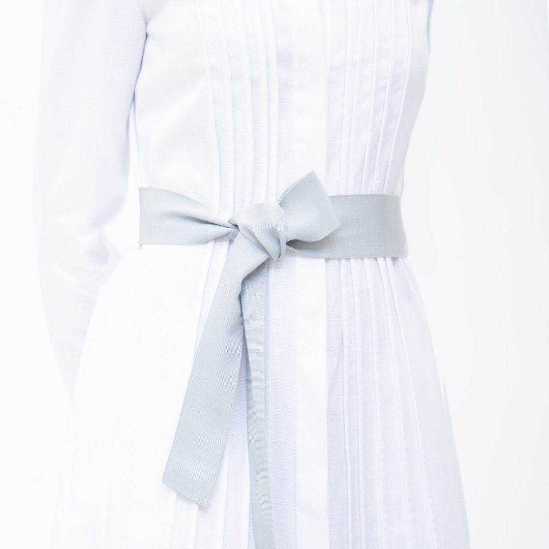 Wide Grosgrain Ribbon Belt in Silver Grey on Model - Darby Scott