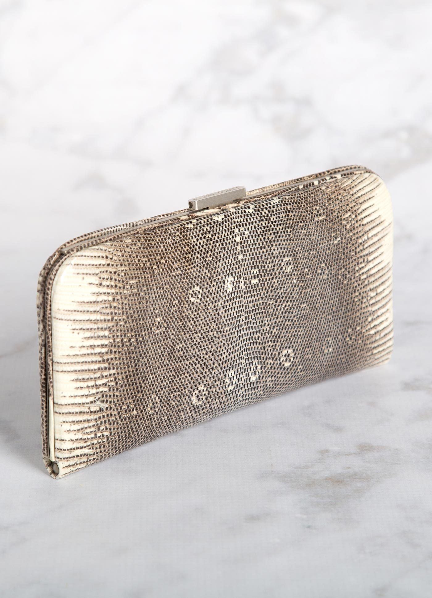 Angled view of Natural Ring Lizard Slide Lock Wallet - Darby Scott