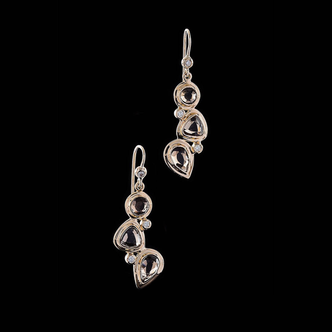 Smokey topaz diamond 18K gold earring mosaic 3 stone - Darby Scott