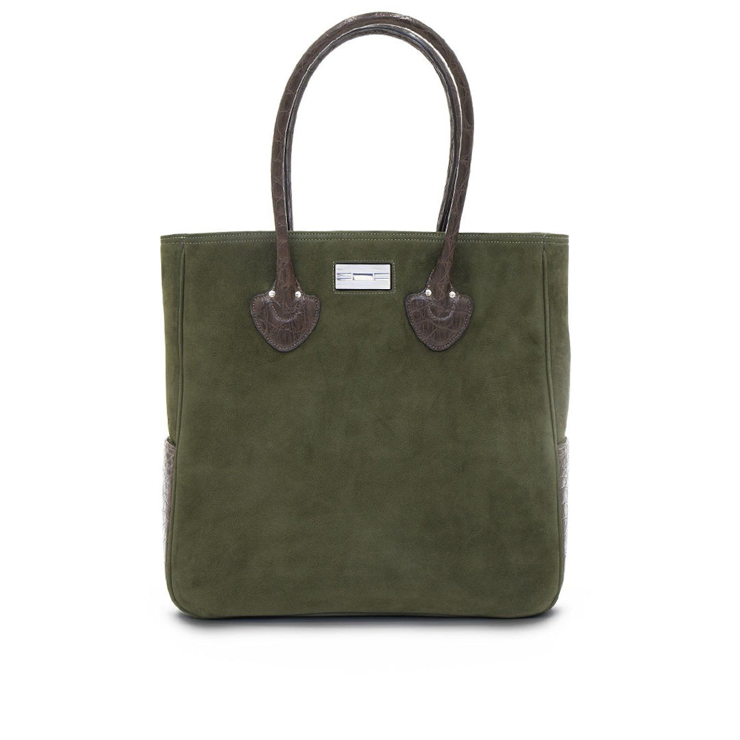 Olive Suede & Brown Crocodile Essex Monogram Tote - Darby Scott