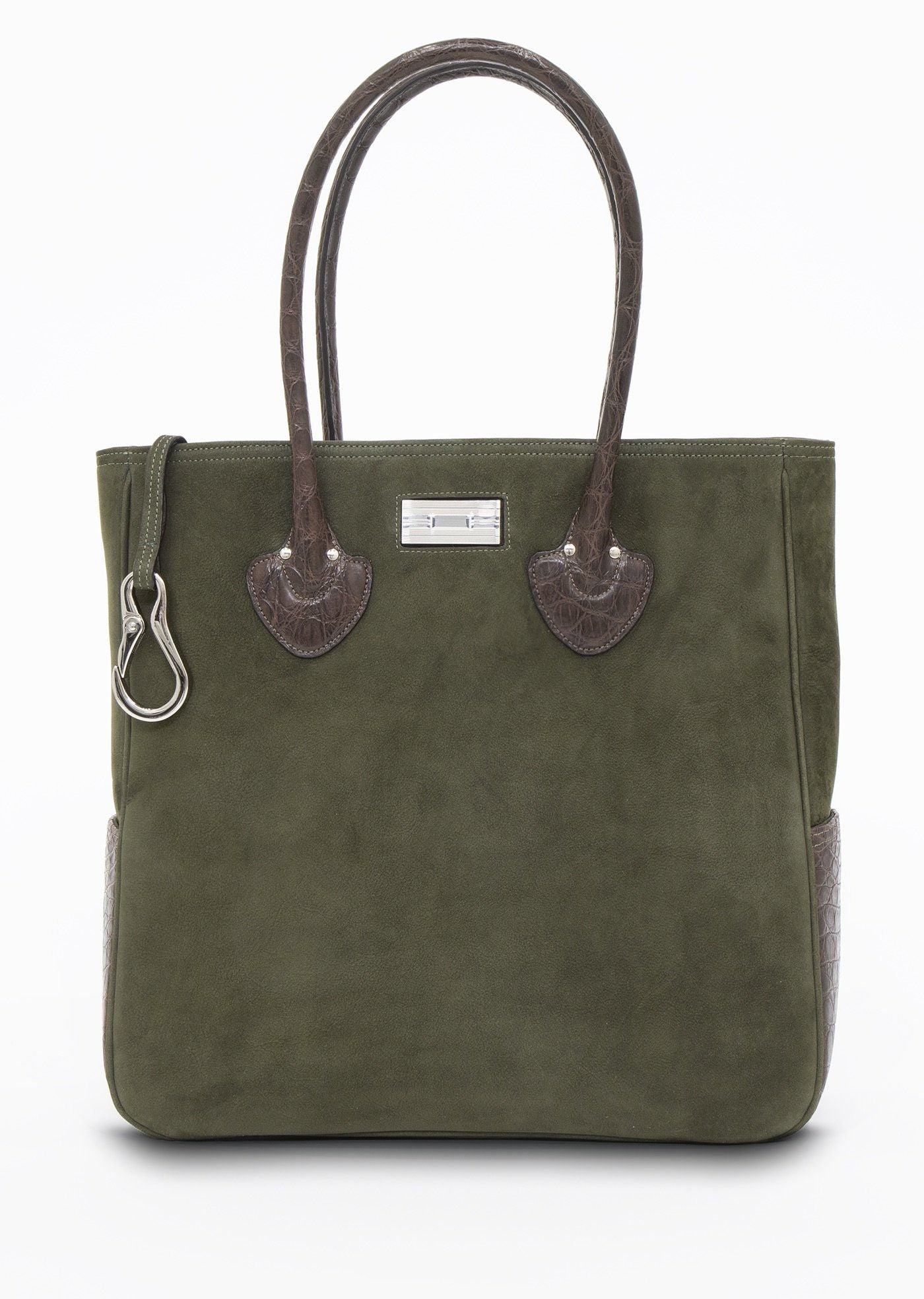 Olive Suede Essex Tote with key fob and sterling monogram plate - Darby Scott