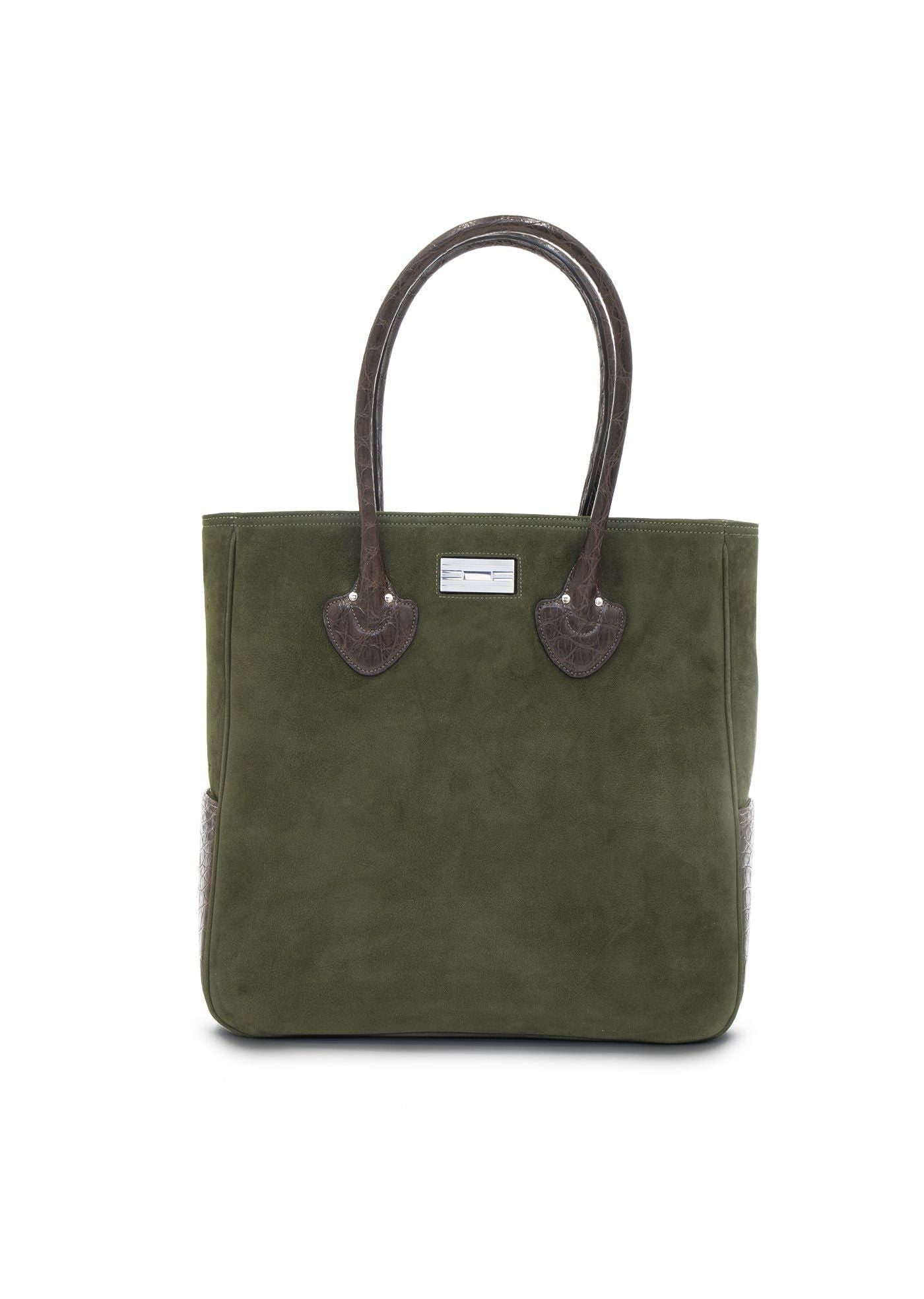 Olive Suede & Brown Crocodile Essex Monogram Tote - Darby Scott