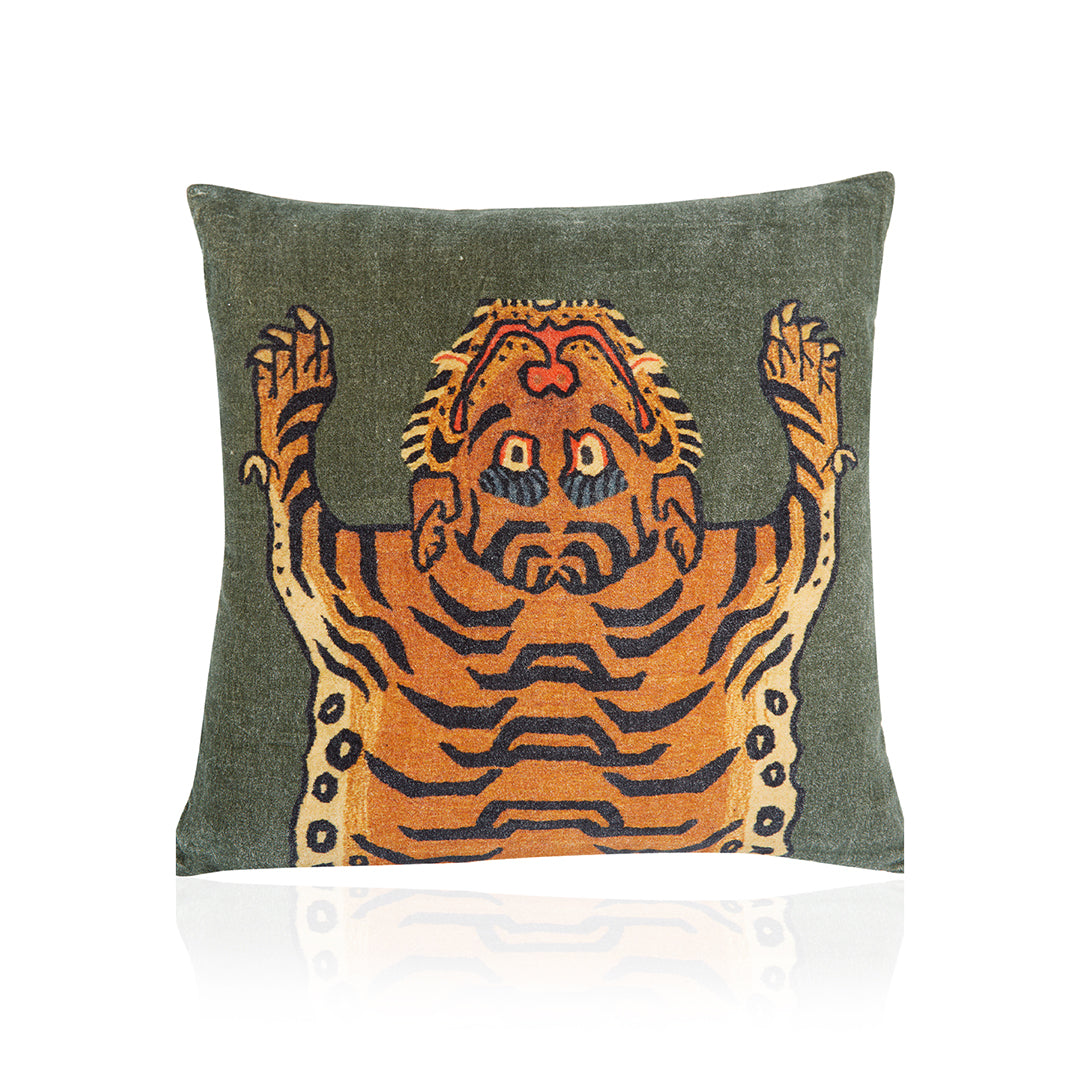 Velvet Pillow with Tibetan Tiger on Green Background