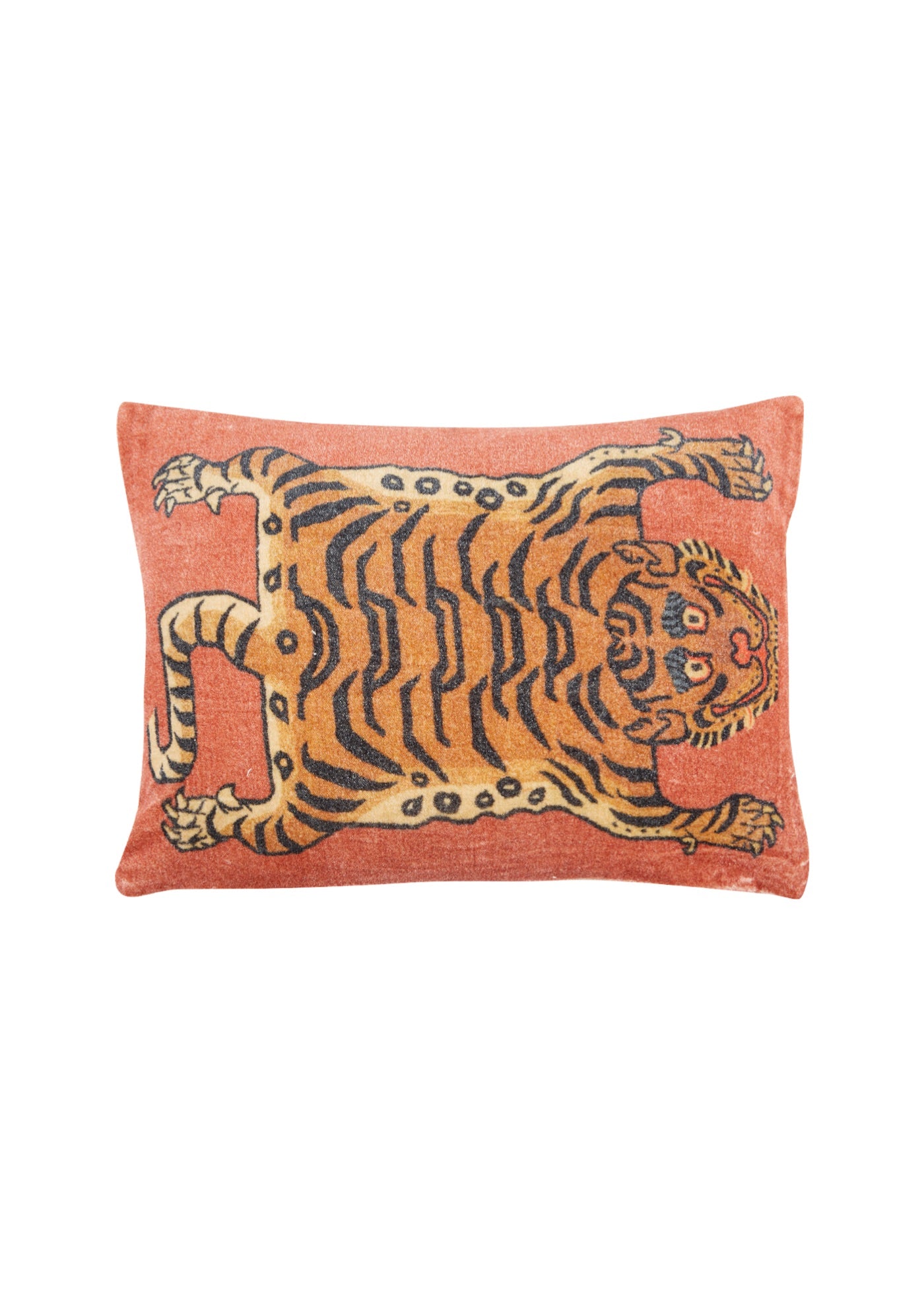 Velvet Pillow with Tibetan Tiger on Orange Background