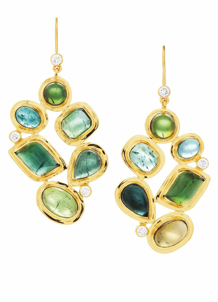 Tourmaline diamond 18K gold earring mosaic 6 stone - Darby Scott