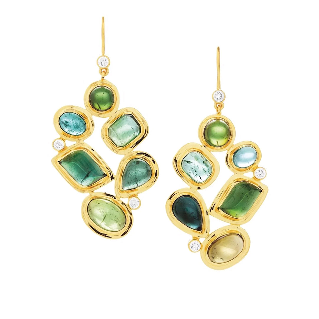 Tourmaline diamond 18K gold earring mosaic 6 stone - Darby Scott