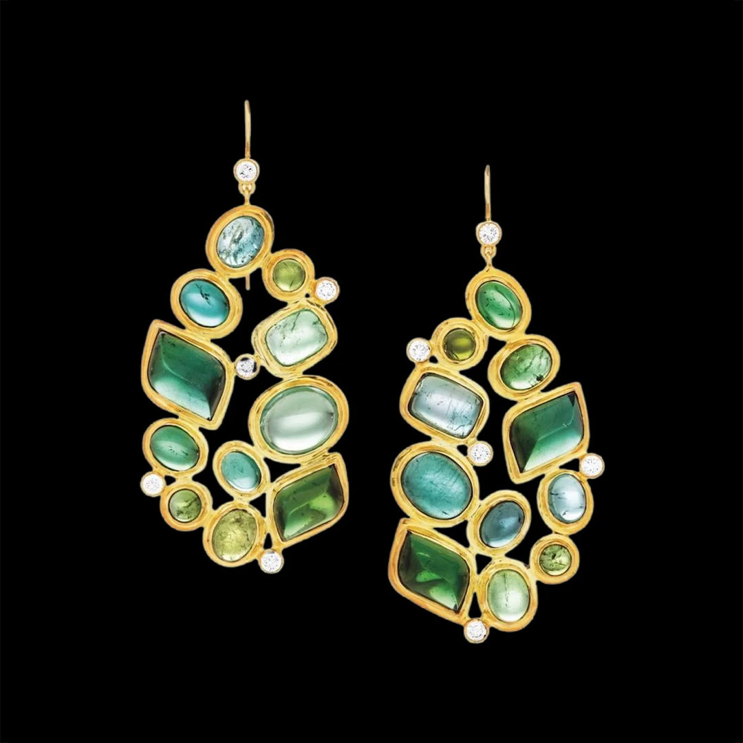 Tourmaline diamond 18k gold earring mosaic 11 stone - Darby Scott