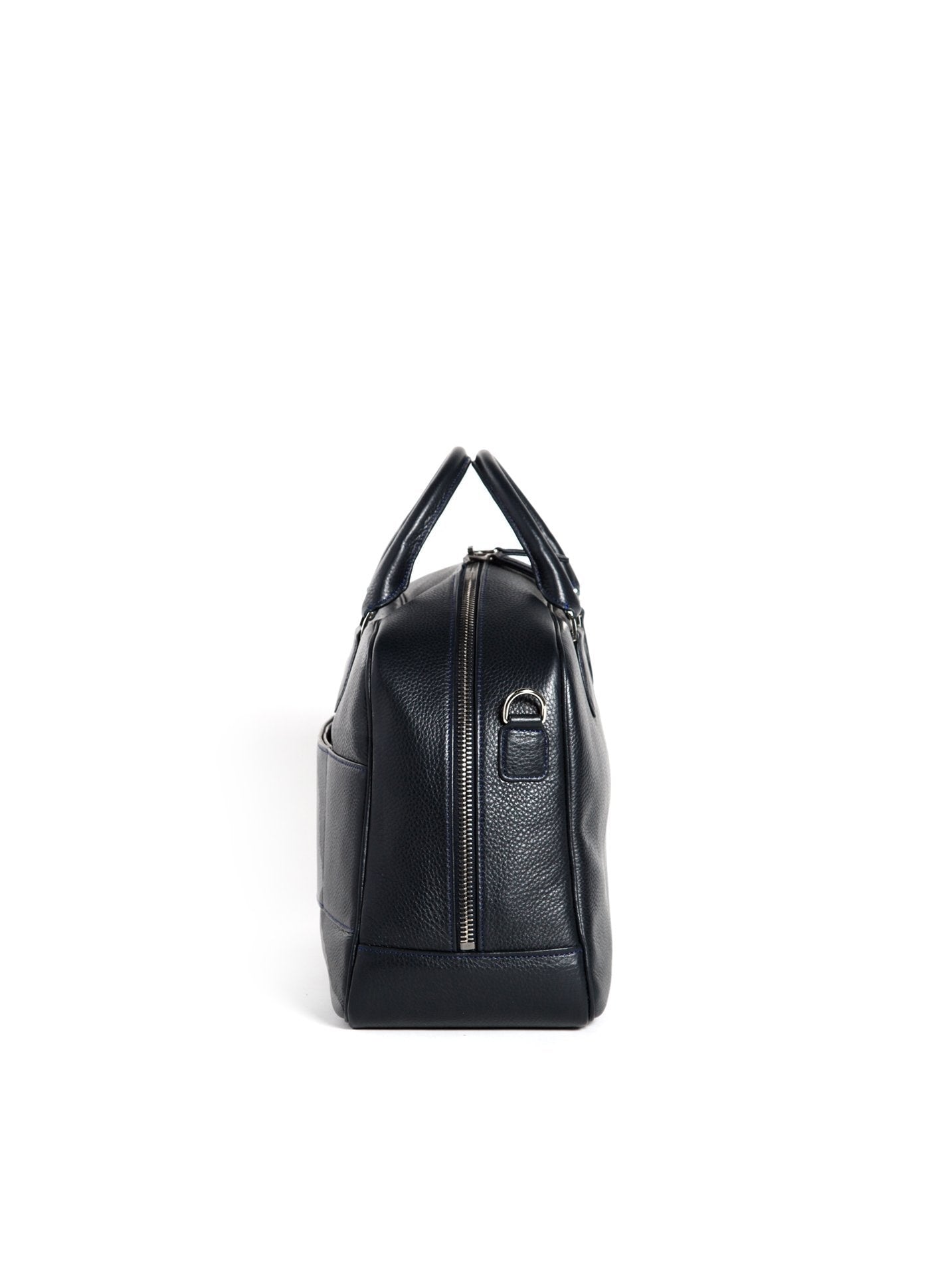 Side view Navy Pebble Leather Newport Getaway Bag - Darby Scott