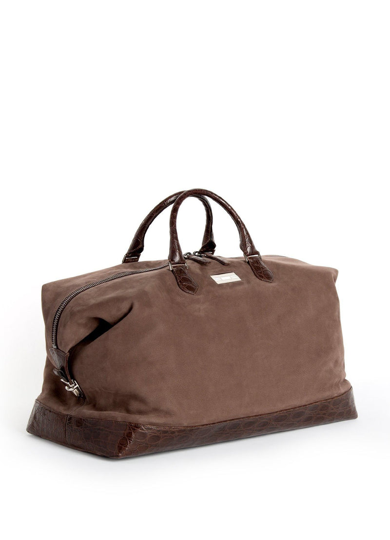 Light Brown Suede and Brown Crocodile Aspen Travel Bag - Darby Scott