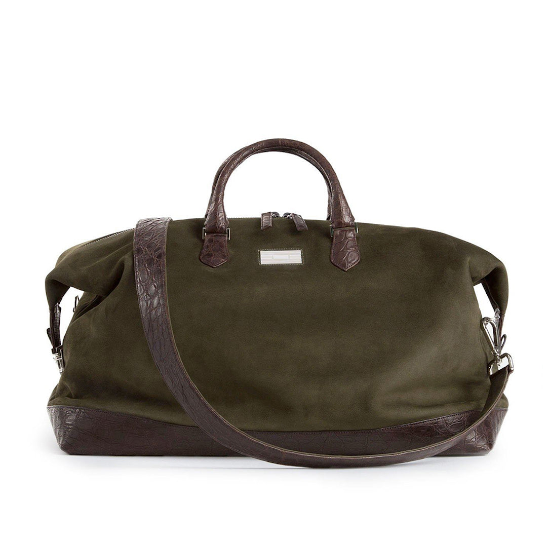 Aspen Travel Bag Olive Sueded Leather & Brown Crocodile Strap & Trim - Darby Scott
