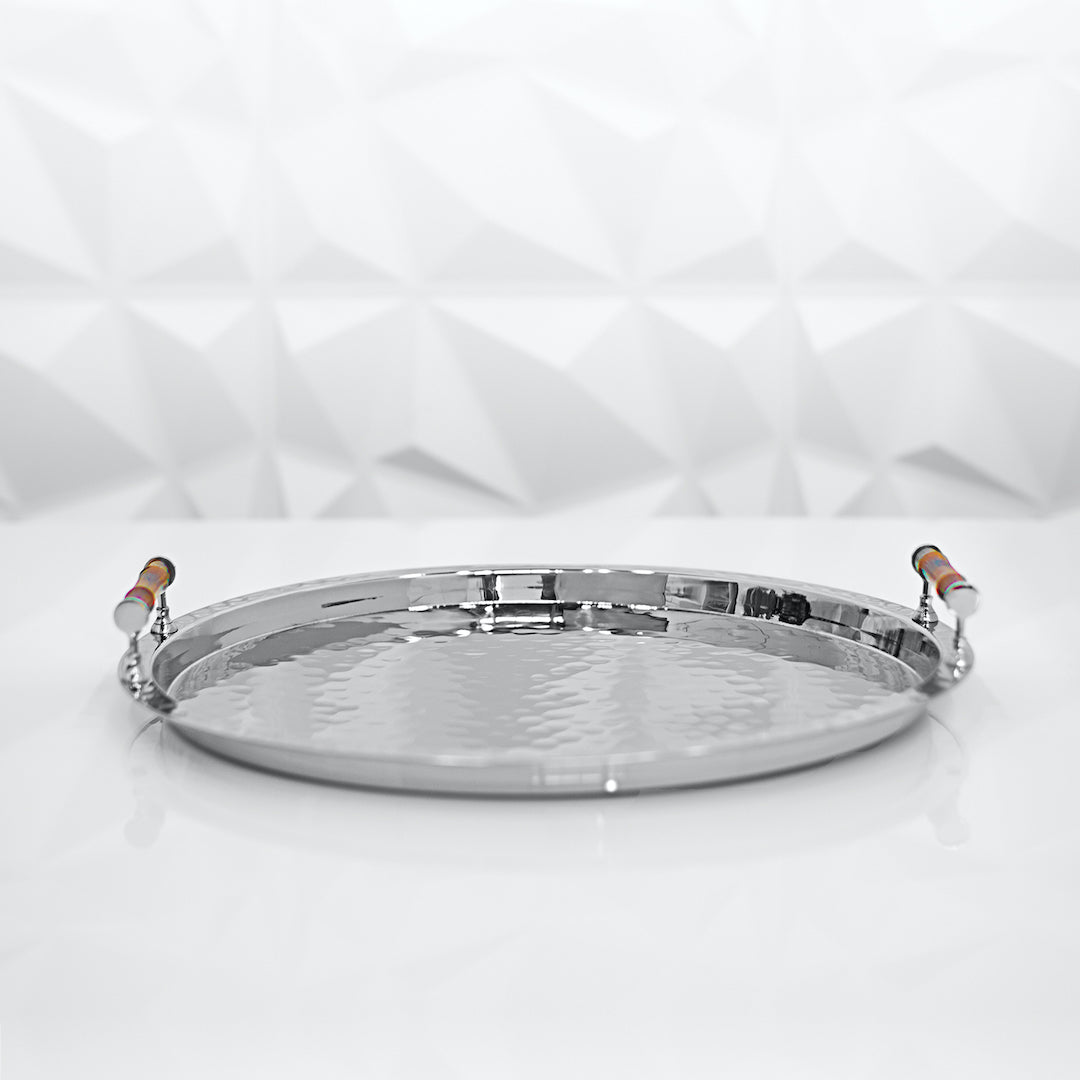 Stainless Steel Round Serving Tray with Bamboo Handles