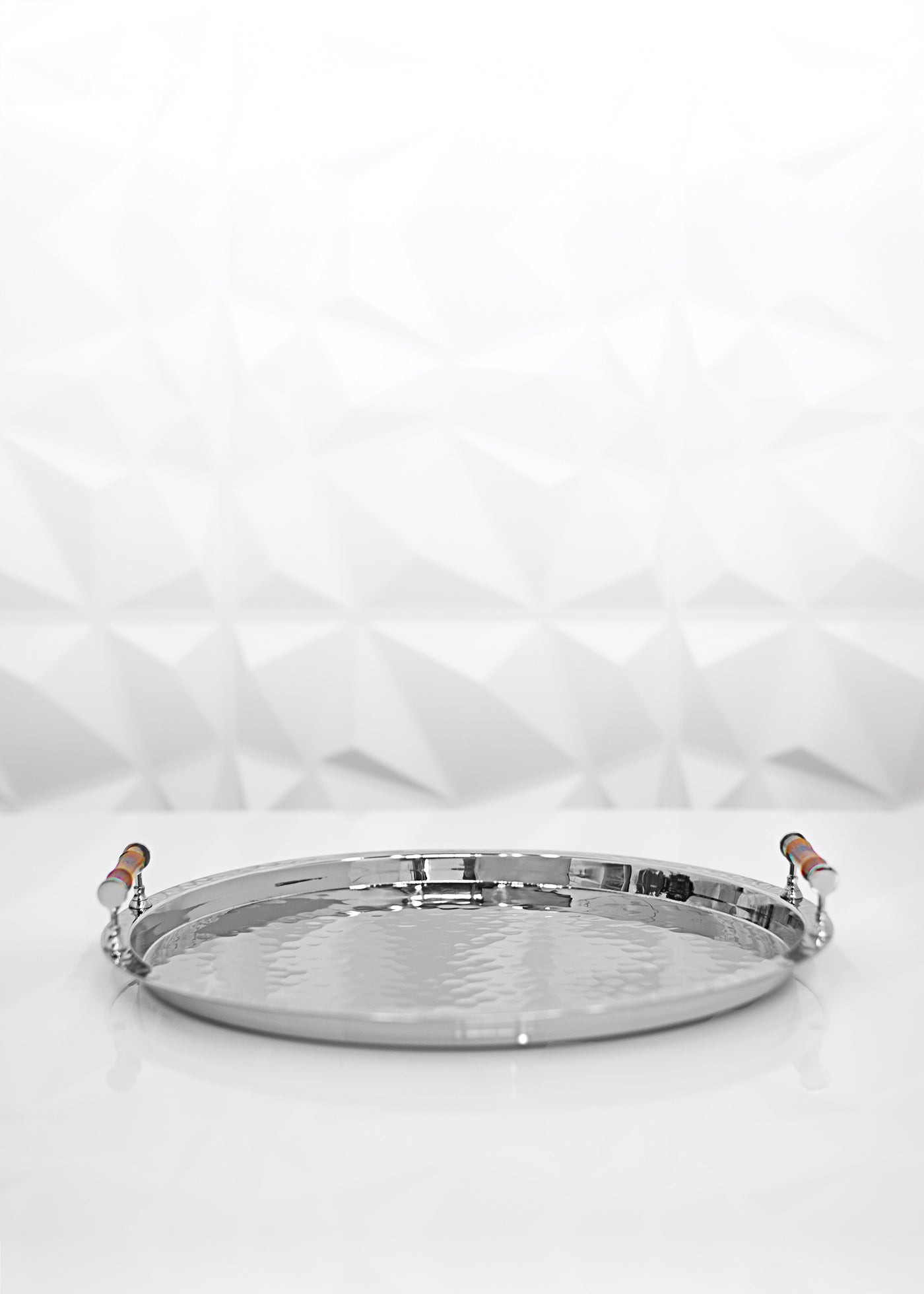 Stainless Steel Round Serving Tray with Bamboo Handles